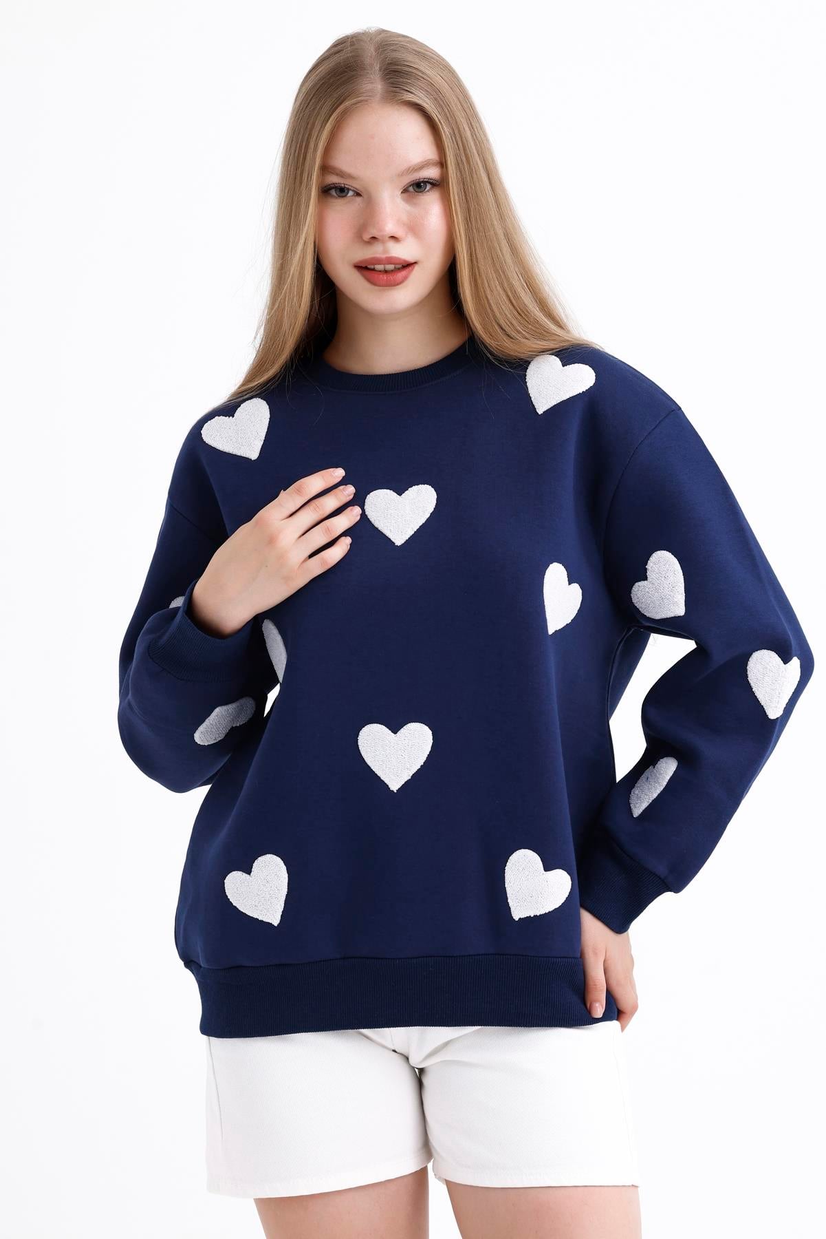 Kalp Efektli Balon Kollu İçi Polarlı Oversize Sweatshirt - Lacivert