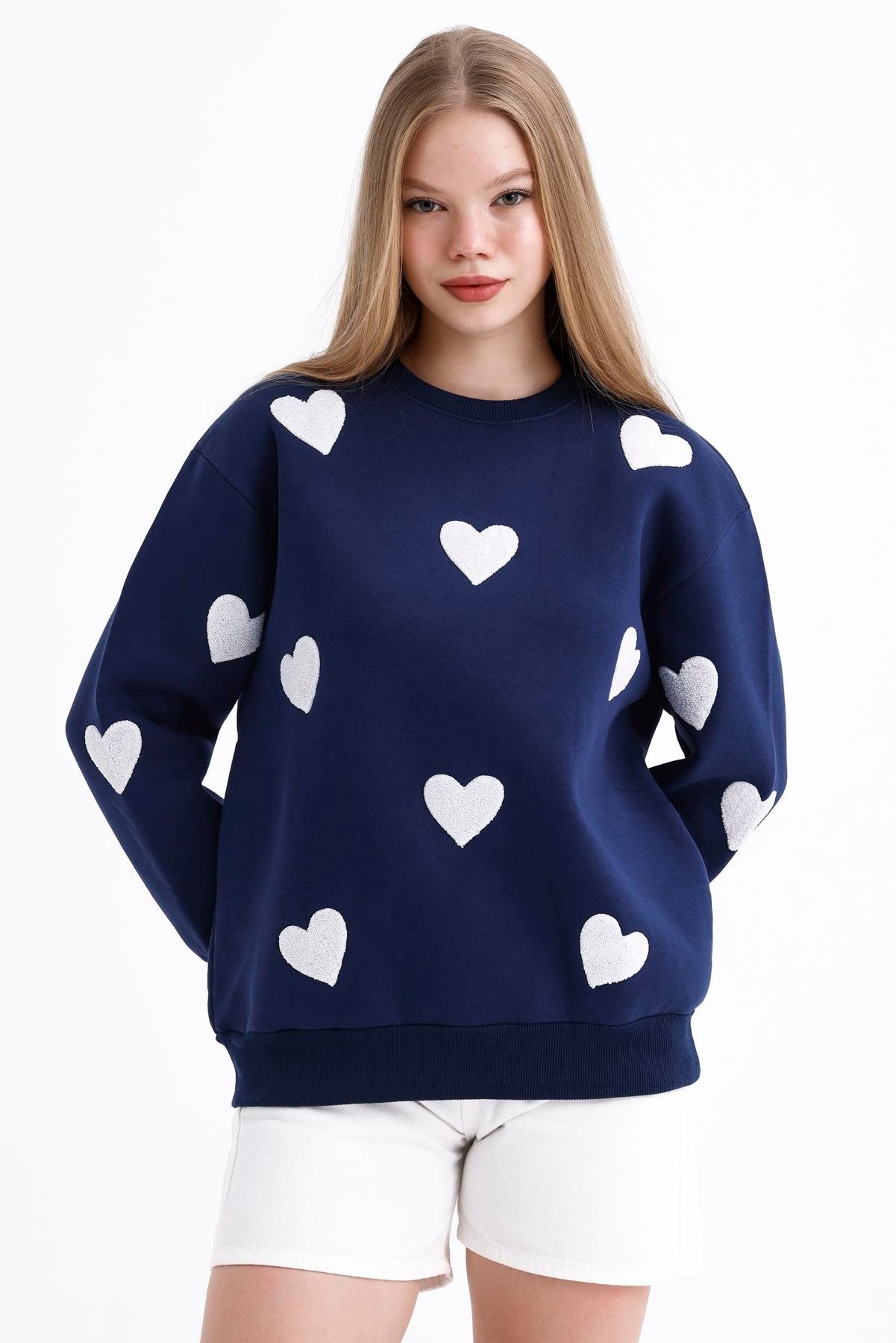 Kalp Efektli Balon Kollu İçi Polarlı Oversize Sweatshirt - Lacivert