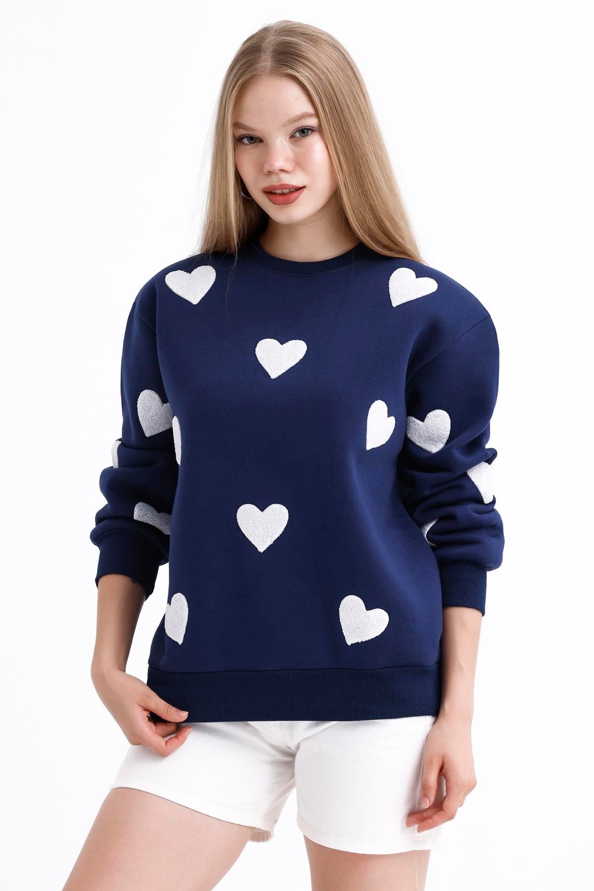 Kalp Efektli Balon Kollu İçi Polarlı Oversize Sweatshirt - Lacivert