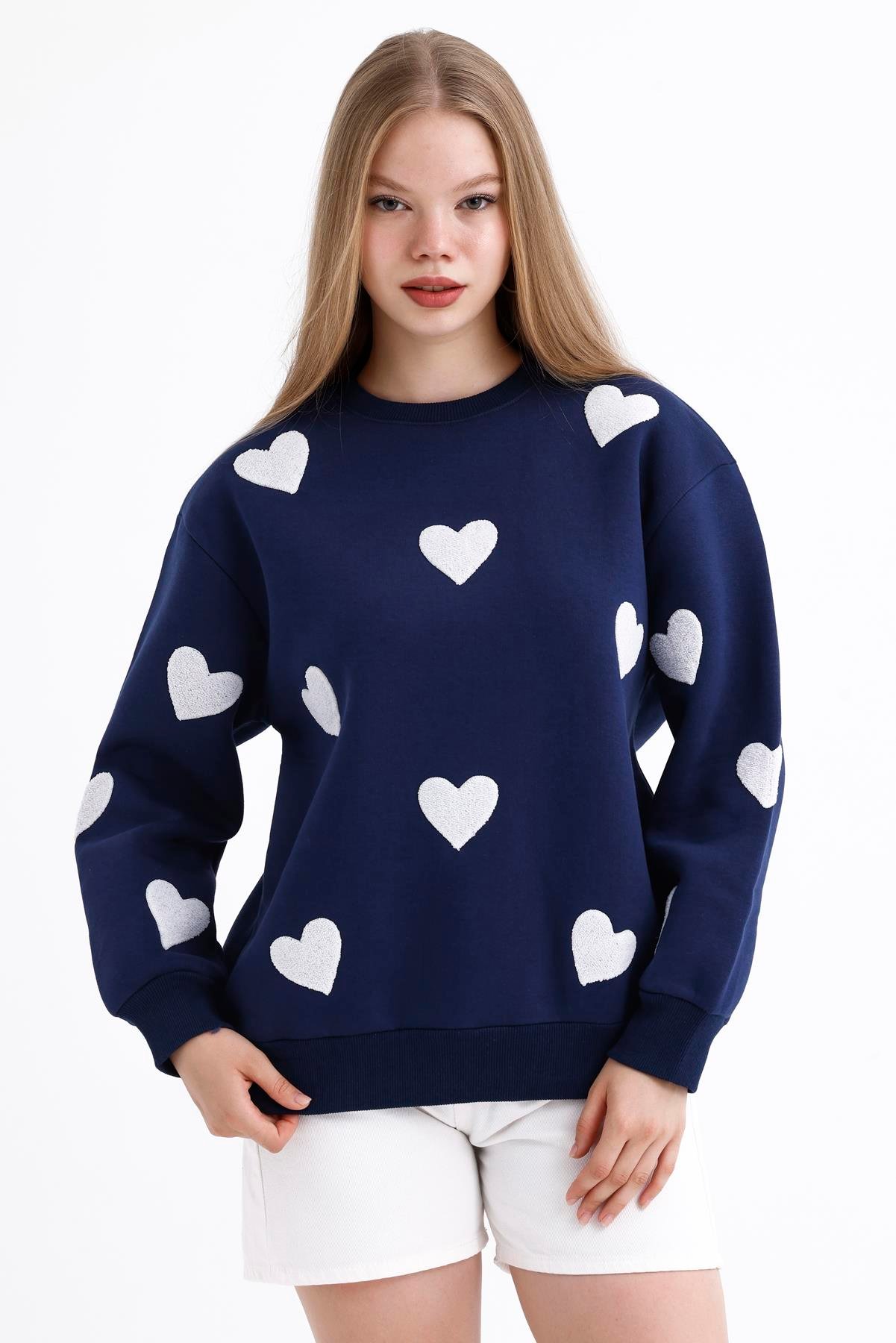 Kalp Efektli Balon Kollu İçi Polarlı Oversize Sweatshirt - Lacivert