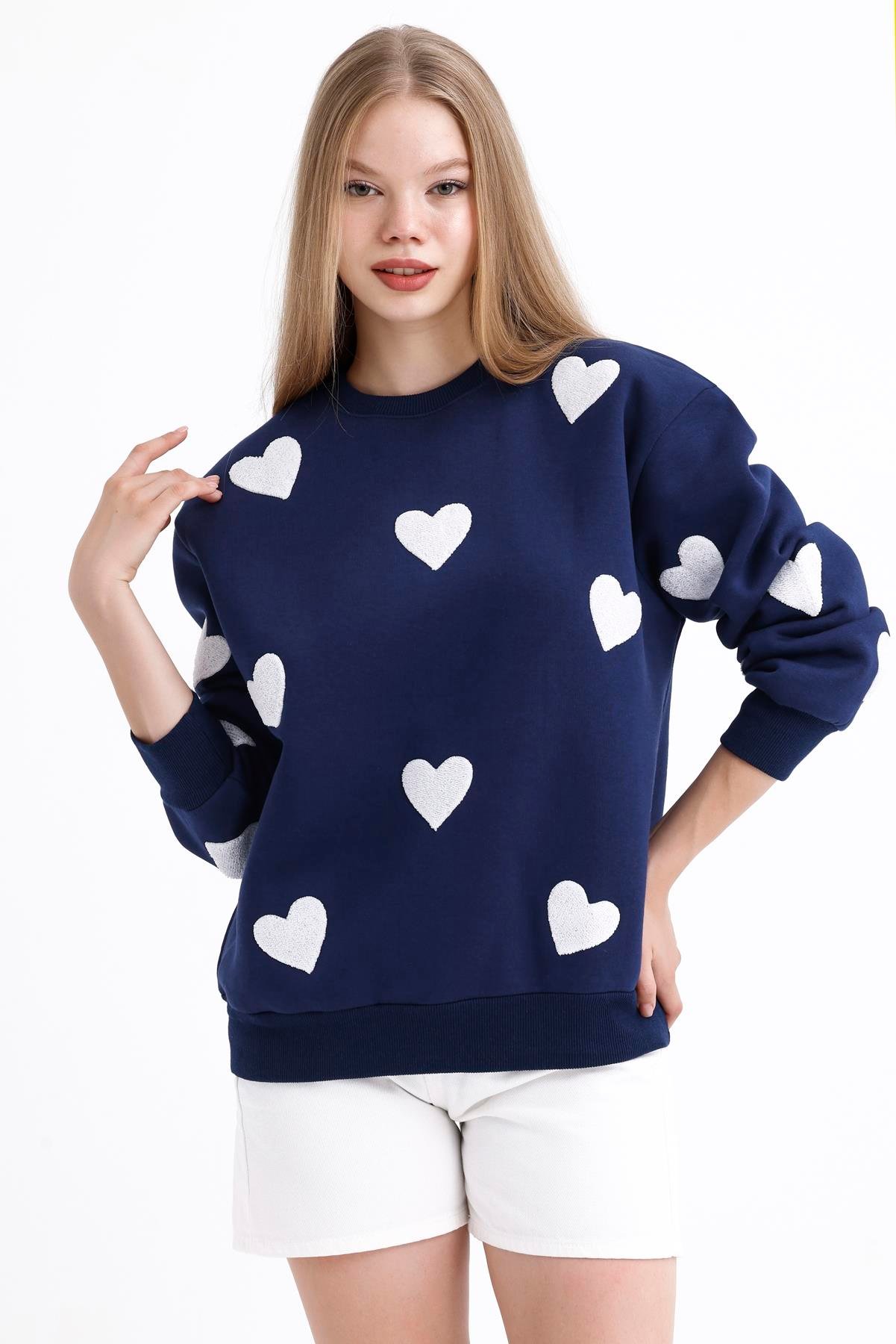 Kalp Efektli Balon Kollu İçi Polarlı Oversize Sweatshirt - Lacivert