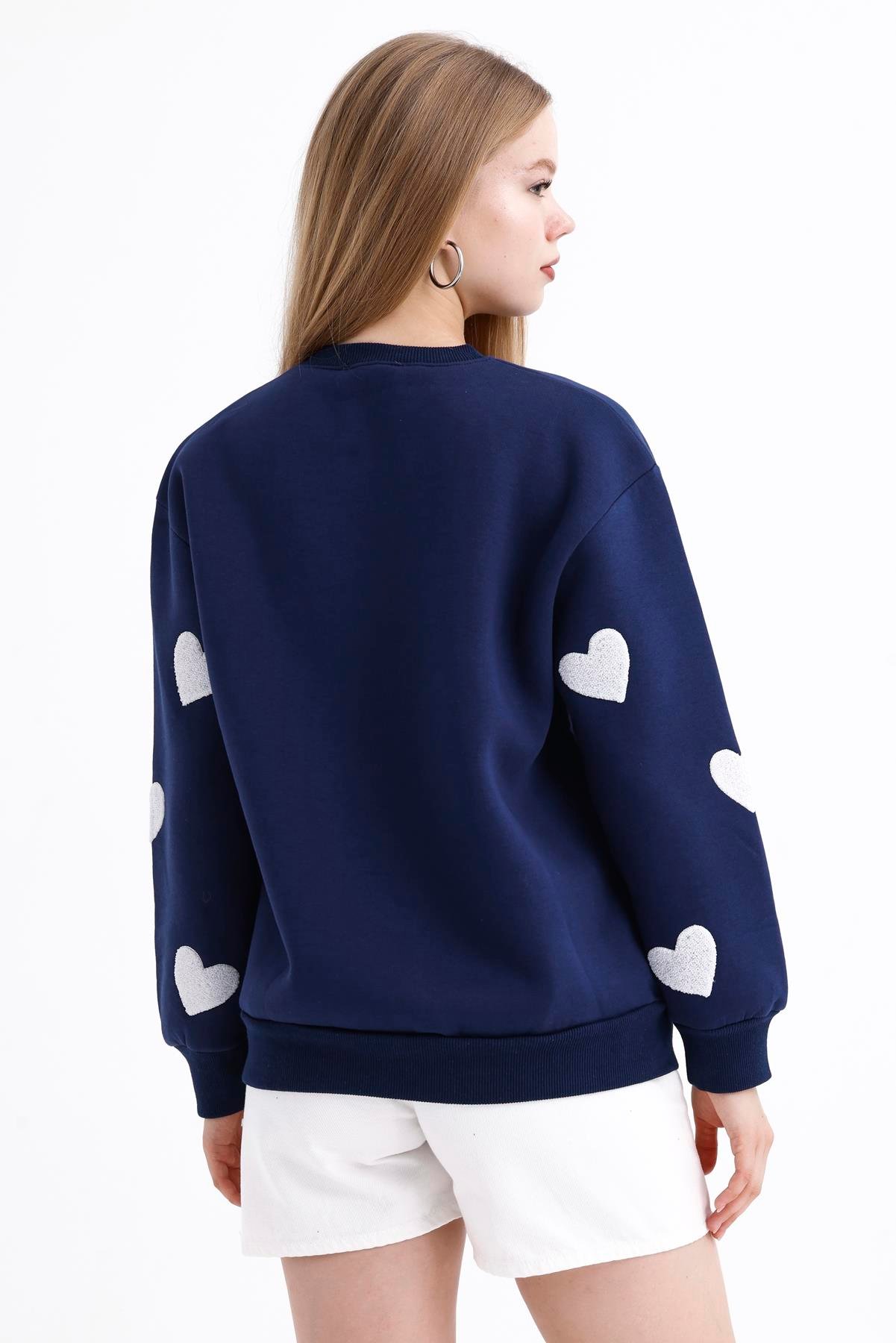 Kalp Efektli Balon Kollu İçi Polarlı Oversize Sweatshirt - Lacivert