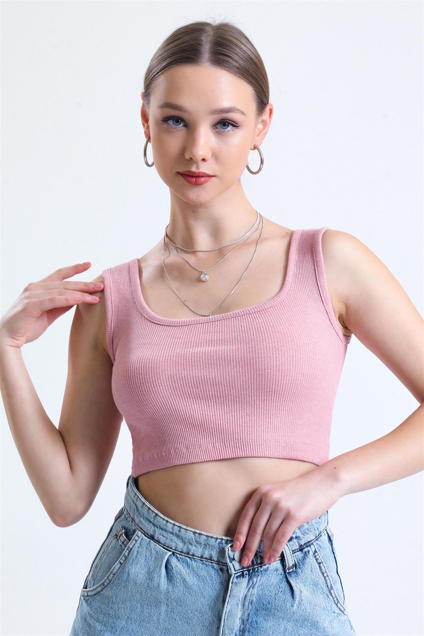 Kare Yaka Basic Fitilli Süper Crop Atlet - Gül Kurusu