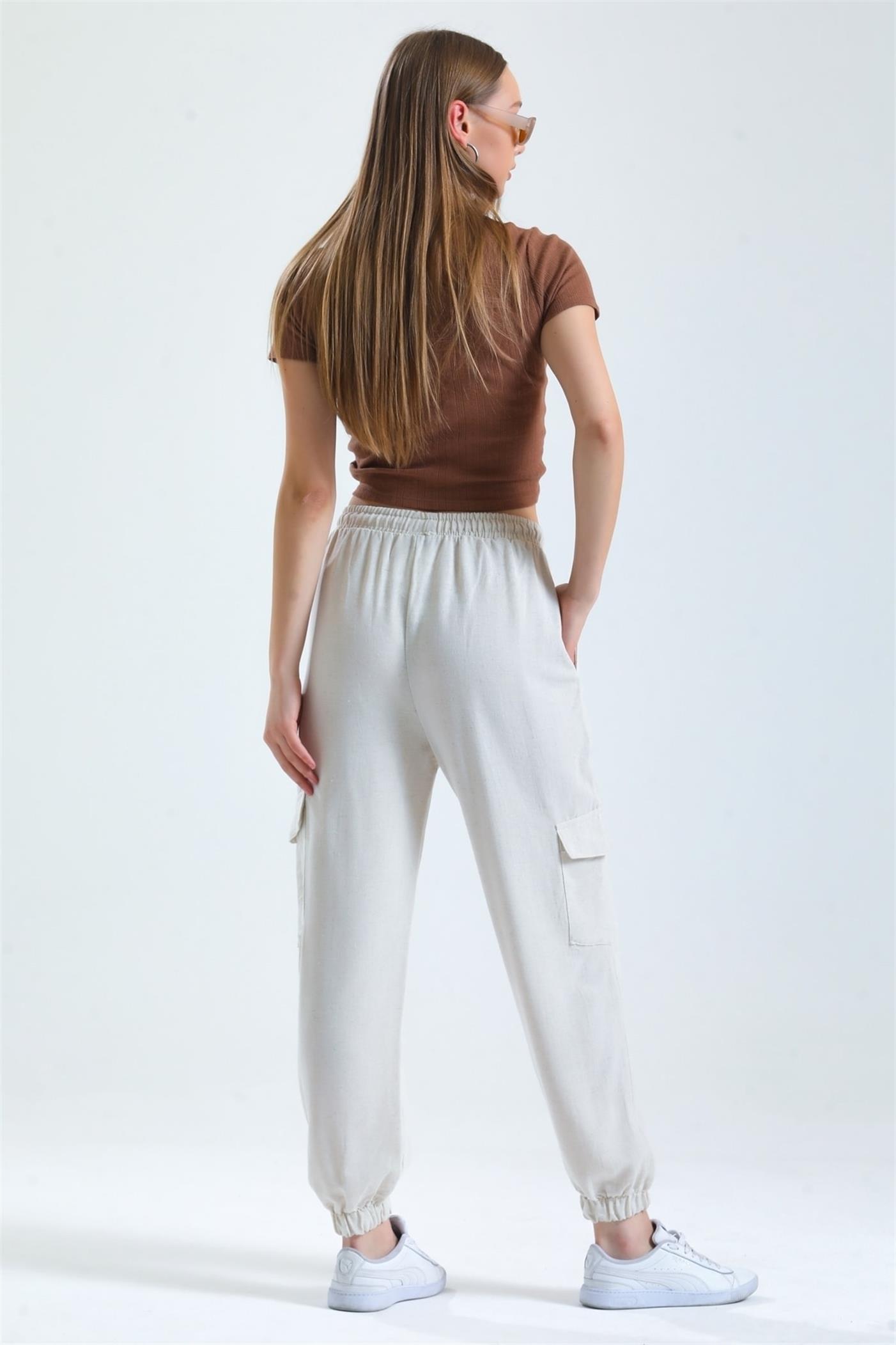 Kargo Cepli Bel Lastikli Bağcıklı Jogger Keten Pantolon - Taş