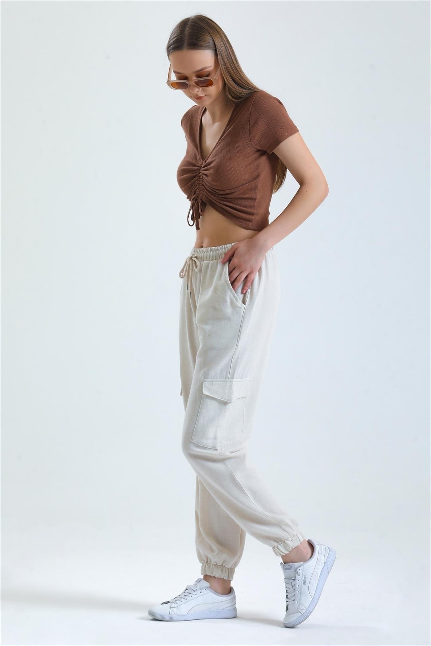 Kargo Cepli Bel Lastikli Bağcıklı Jogger Keten Pantolon - Taş
