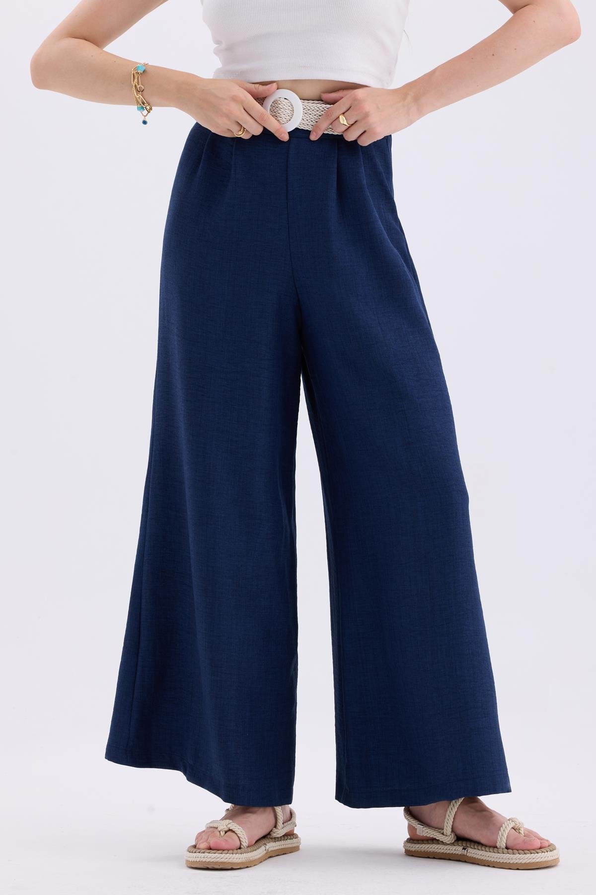 Kemerli Bel Lastikli Bol Paça Keten Karışımlı Salaş Yazlık Pantolon - Lacivert