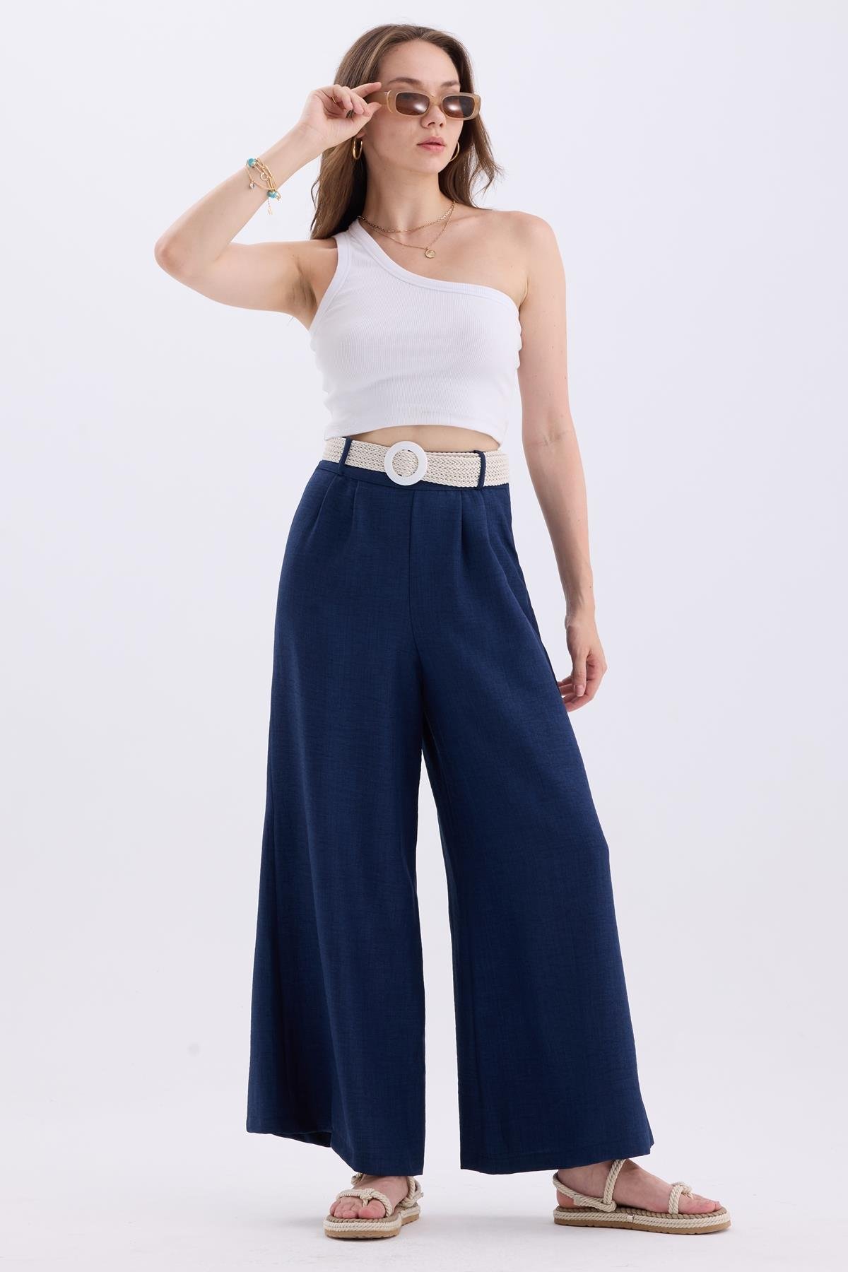 Kemerli Bel Lastikli Bol Paça Keten Karışımlı Salaş Yazlık Pantolon - Lacivert