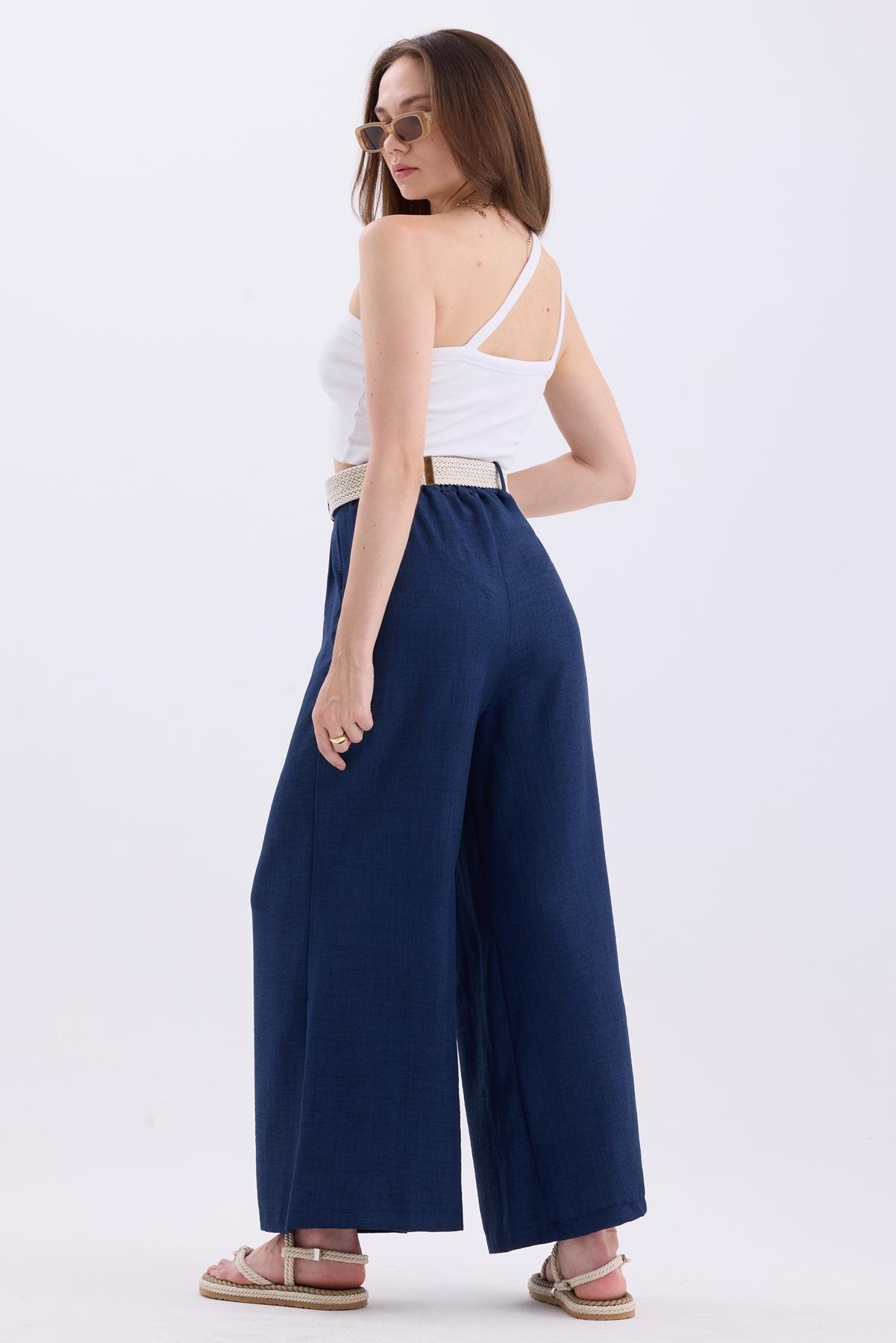 Kemerli Bel Lastikli Bol Paça Keten Karışımlı Salaş Yazlık Pantolon - Lacivert
