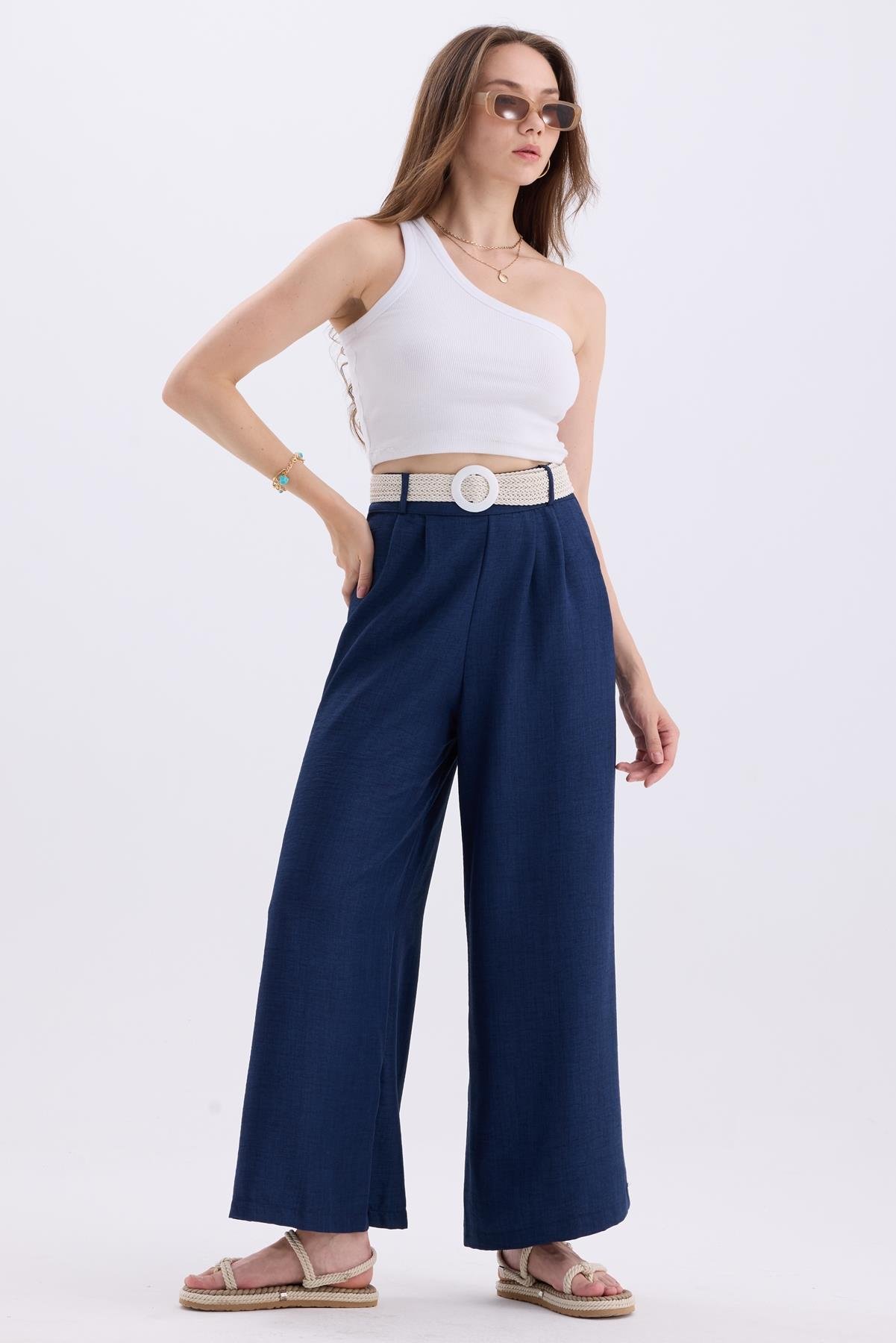 Kemerli Bel Lastikli Bol Paça Keten Karışımlı Salaş Yazlık Pantolon - Lacivert