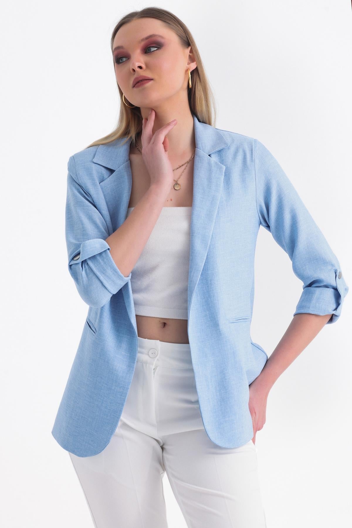 Kolu Katlanabilir Astarlı Blazer Keten Aerobin Ceket - Buz Mavi