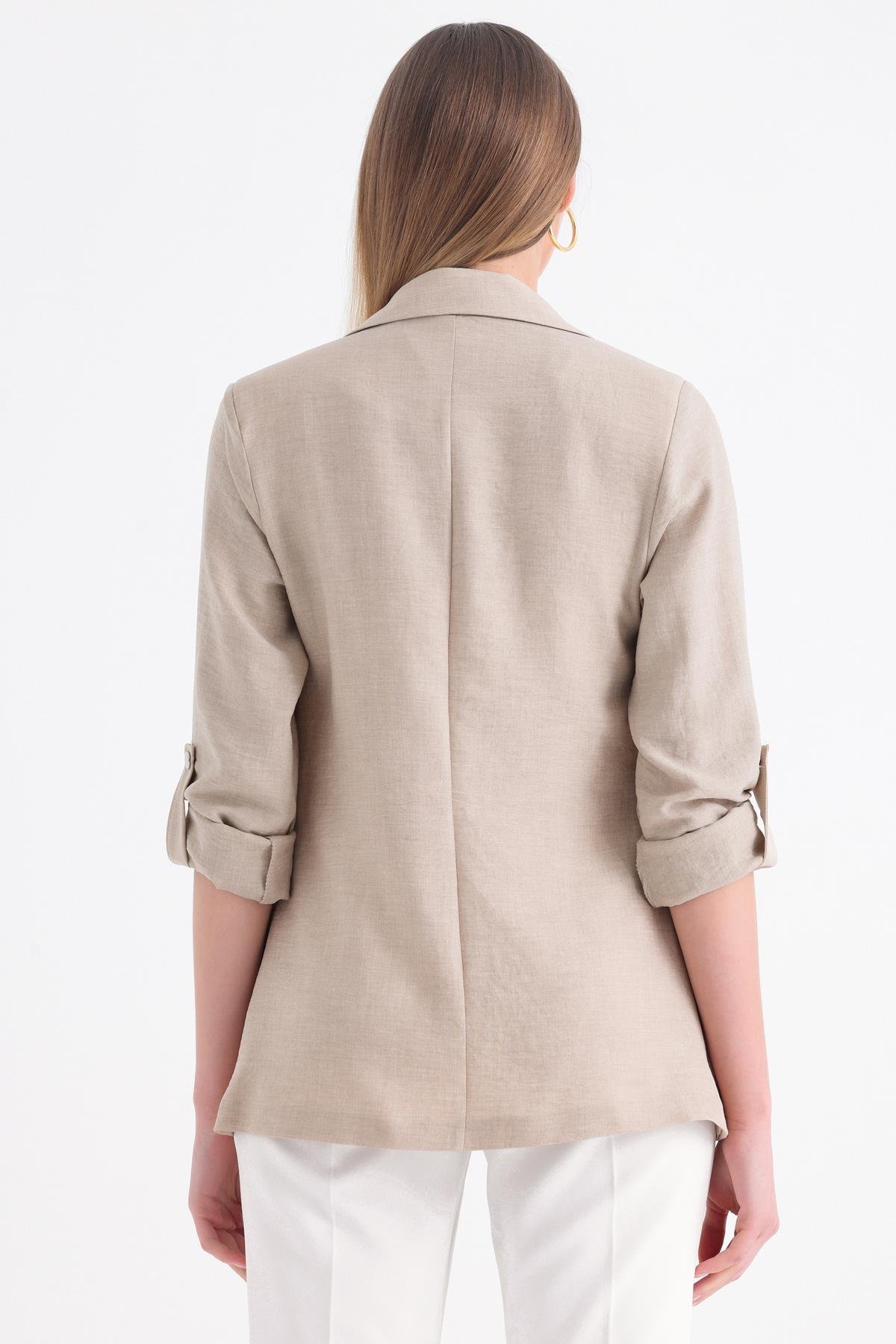 Kolu Katlanabilir Astarlı Blazer Keten Aerobin Ceket - Bej