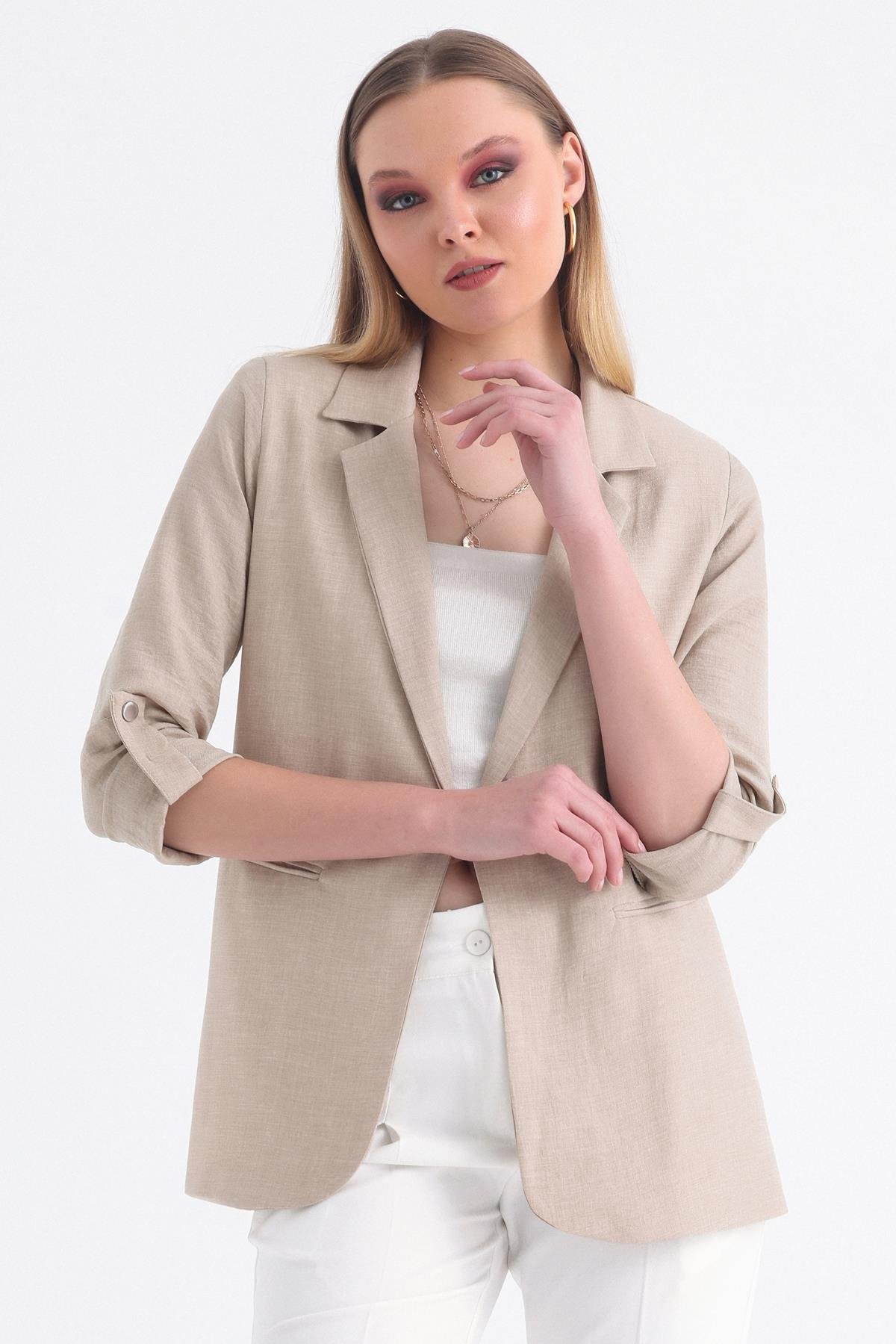 Kolu Katlanabilir Astarlı Blazer Keten Aerobin Ceket - Bej