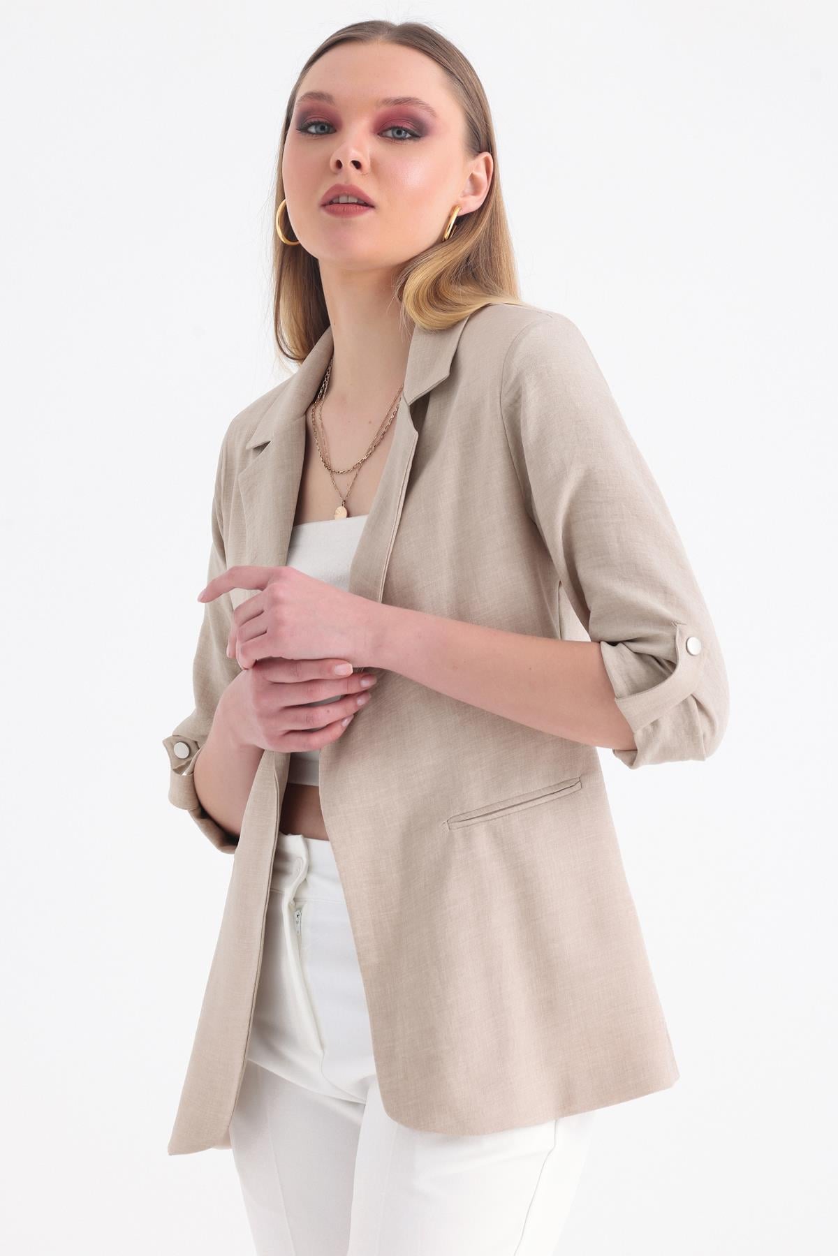 Kolu Katlanabilir Astarlı Blazer Keten Aerobin Ceket - Bej