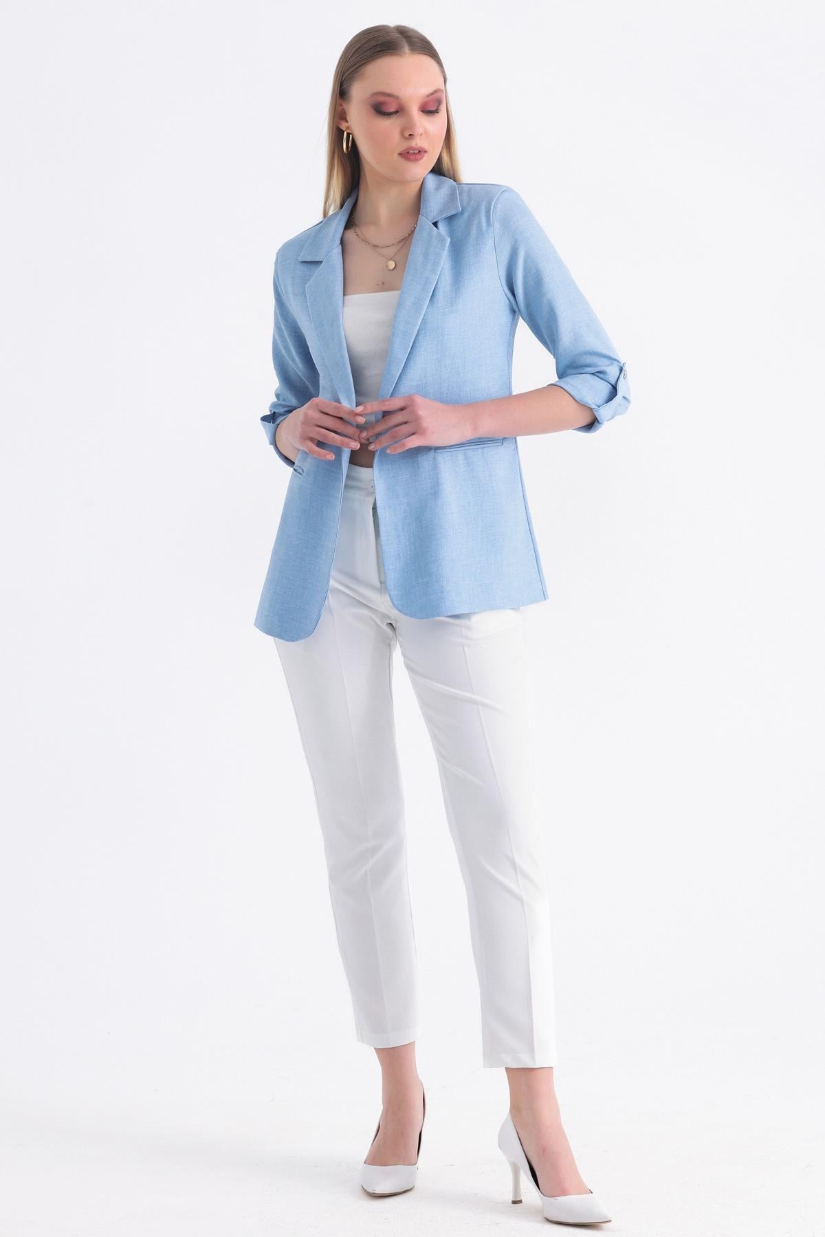 Kolu Katlanabilir Astarlı Blazer Keten Aerobin Ceket - Buz Mavi