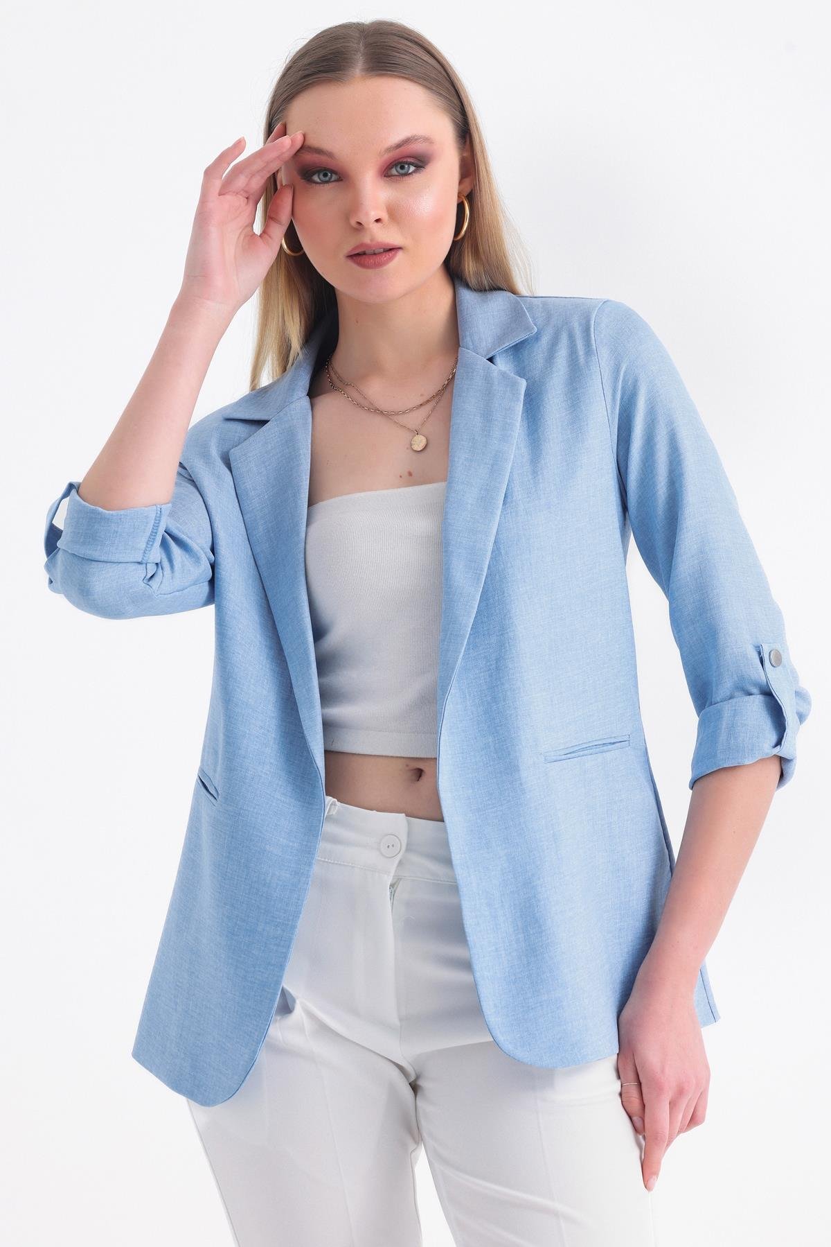 Kolu Katlanabilir Astarlı Blazer Keten Aerobin Ceket - Buz Mavi