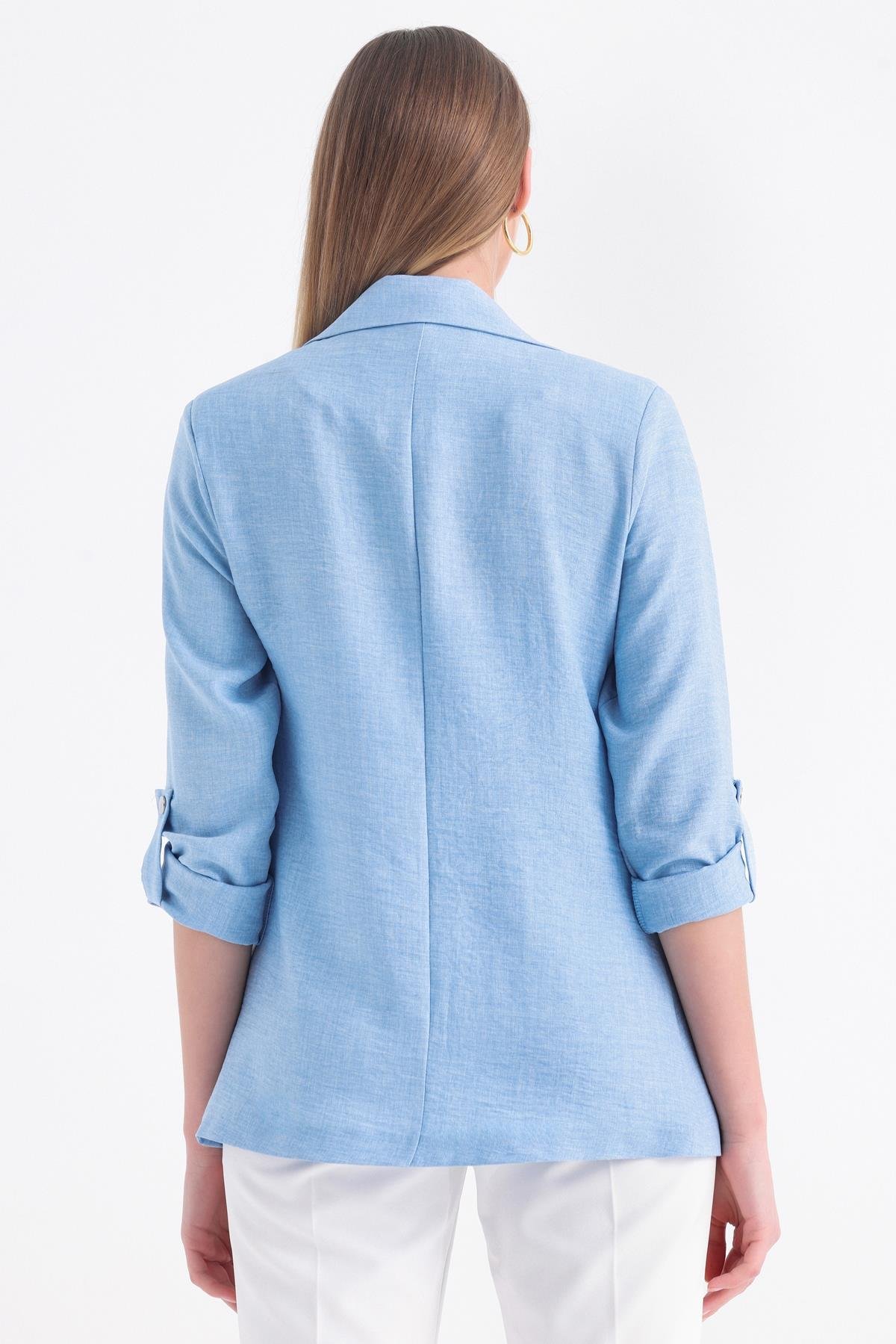 Kolu Katlanabilir Astarlı Blazer Keten Aerobin Ceket - Buz Mavi