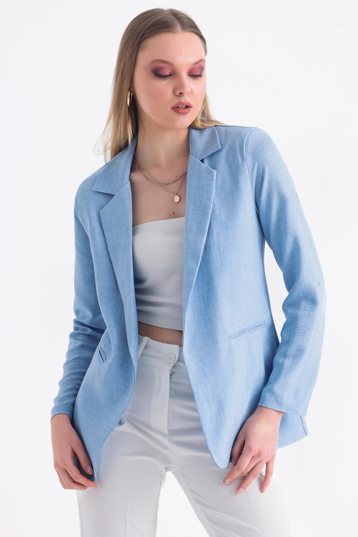 Kolu Katlanabilir Astarlı Blazer Keten Aerobin Ceket - Buz Mavi