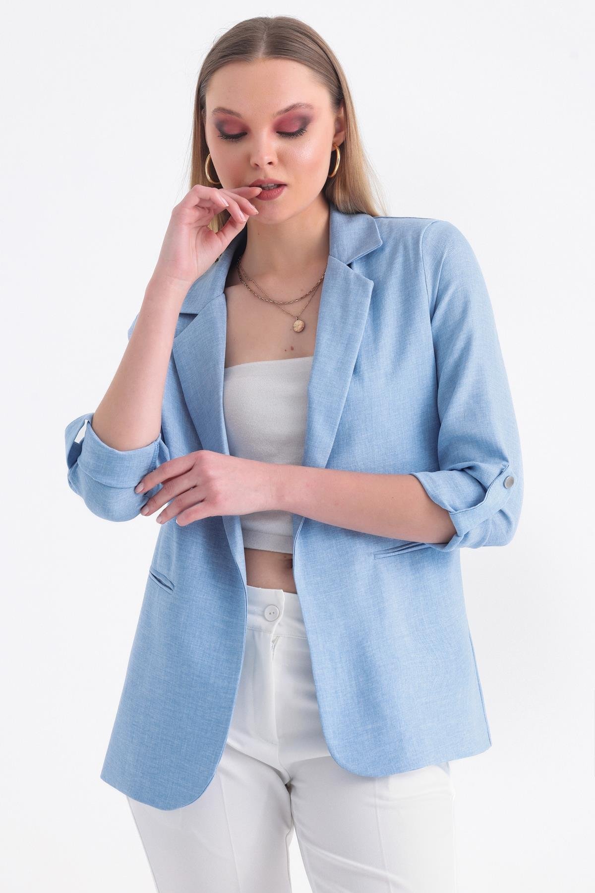 Kolu Katlanabilir Astarlı Blazer Keten Aerobin Ceket - Buz Mavi
