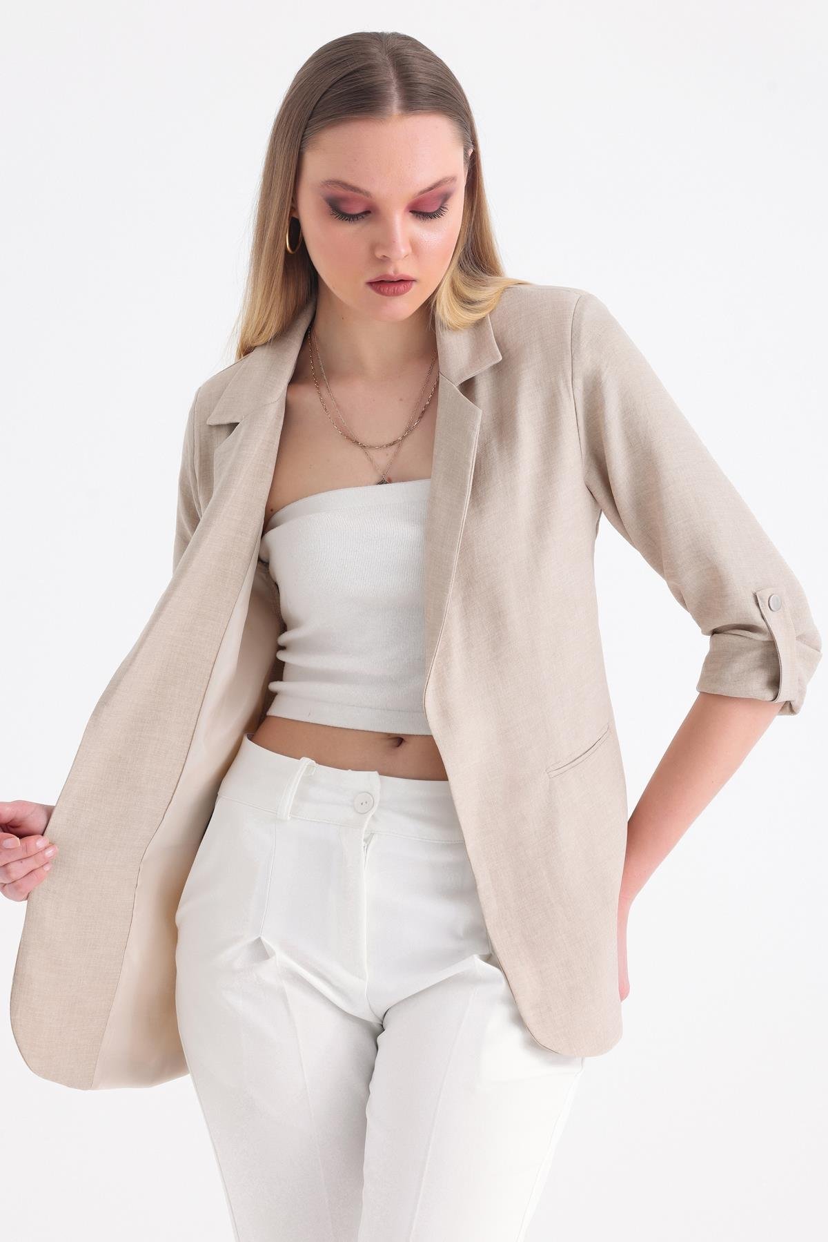 Kolu Katlanabilir Astarlı Blazer Keten Aerobin Ceket - Bej