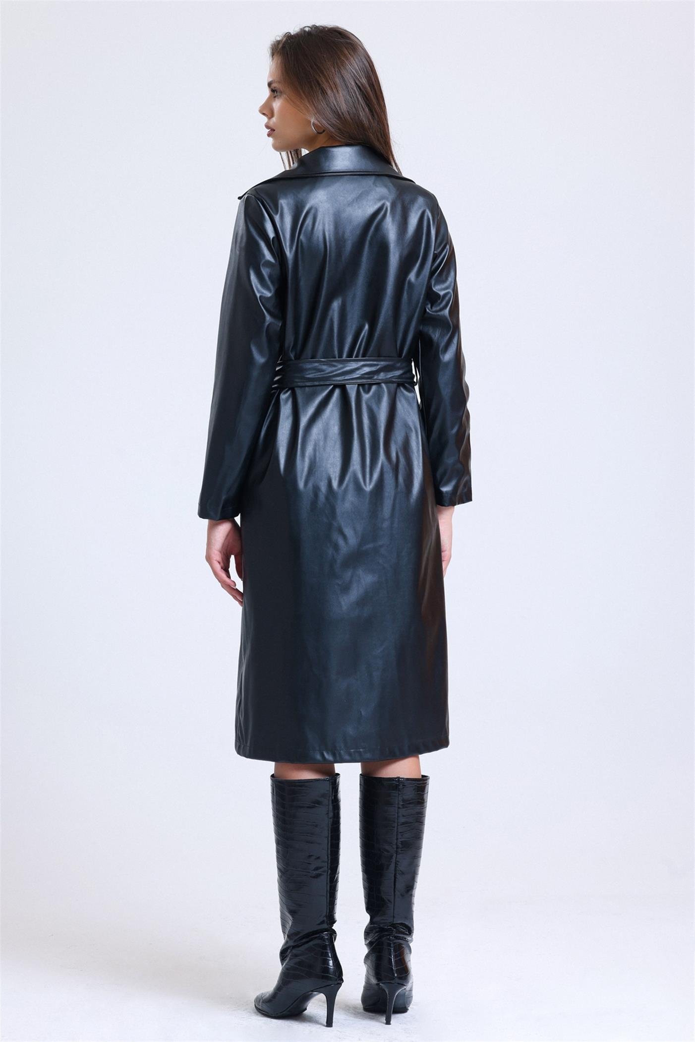 Kuşaklı Astarlı Kruvaze Yaka Deri Trençkot - Siyah