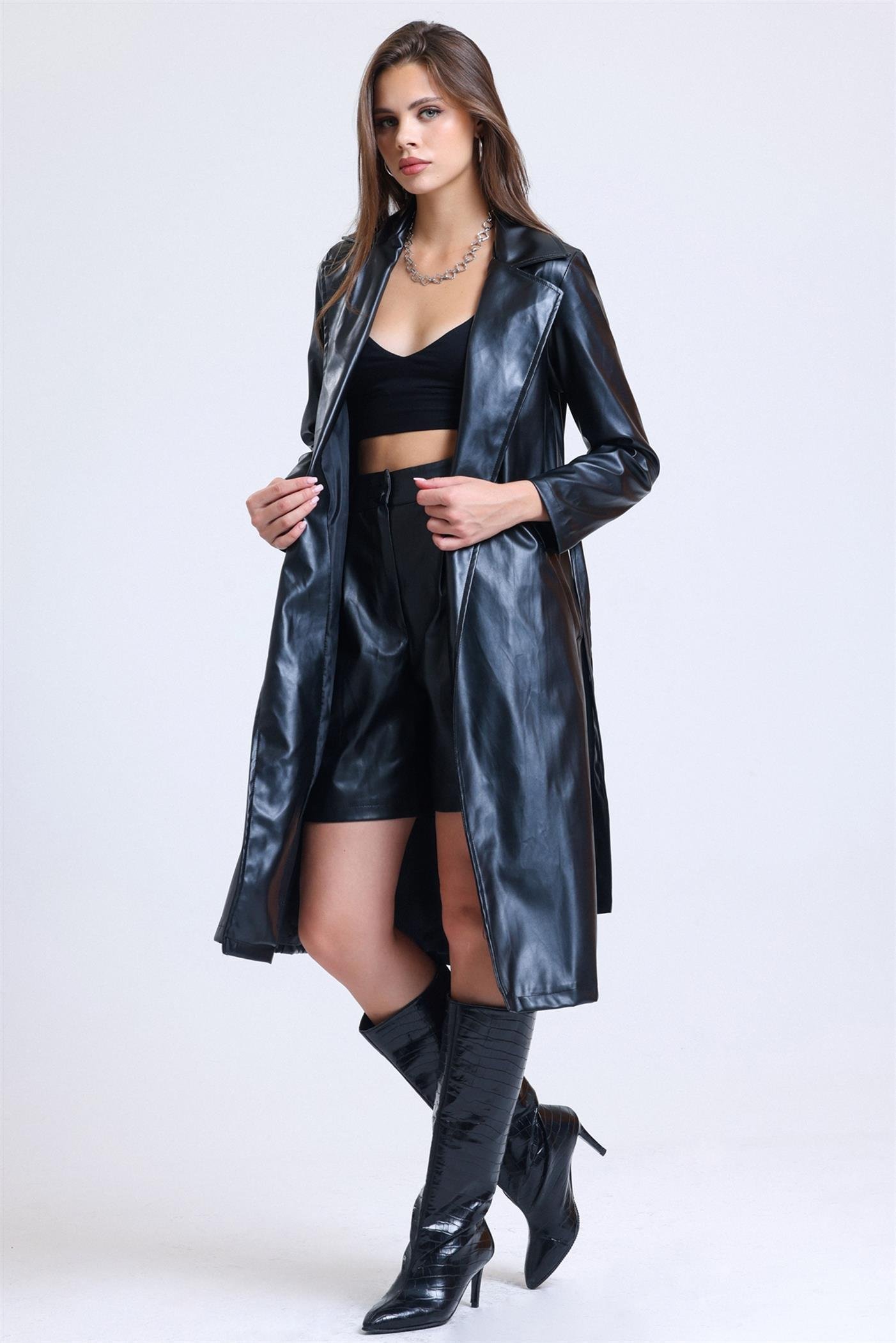 Kuşaklı Astarlı Kruvaze Yaka Deri Trençkot - Siyah