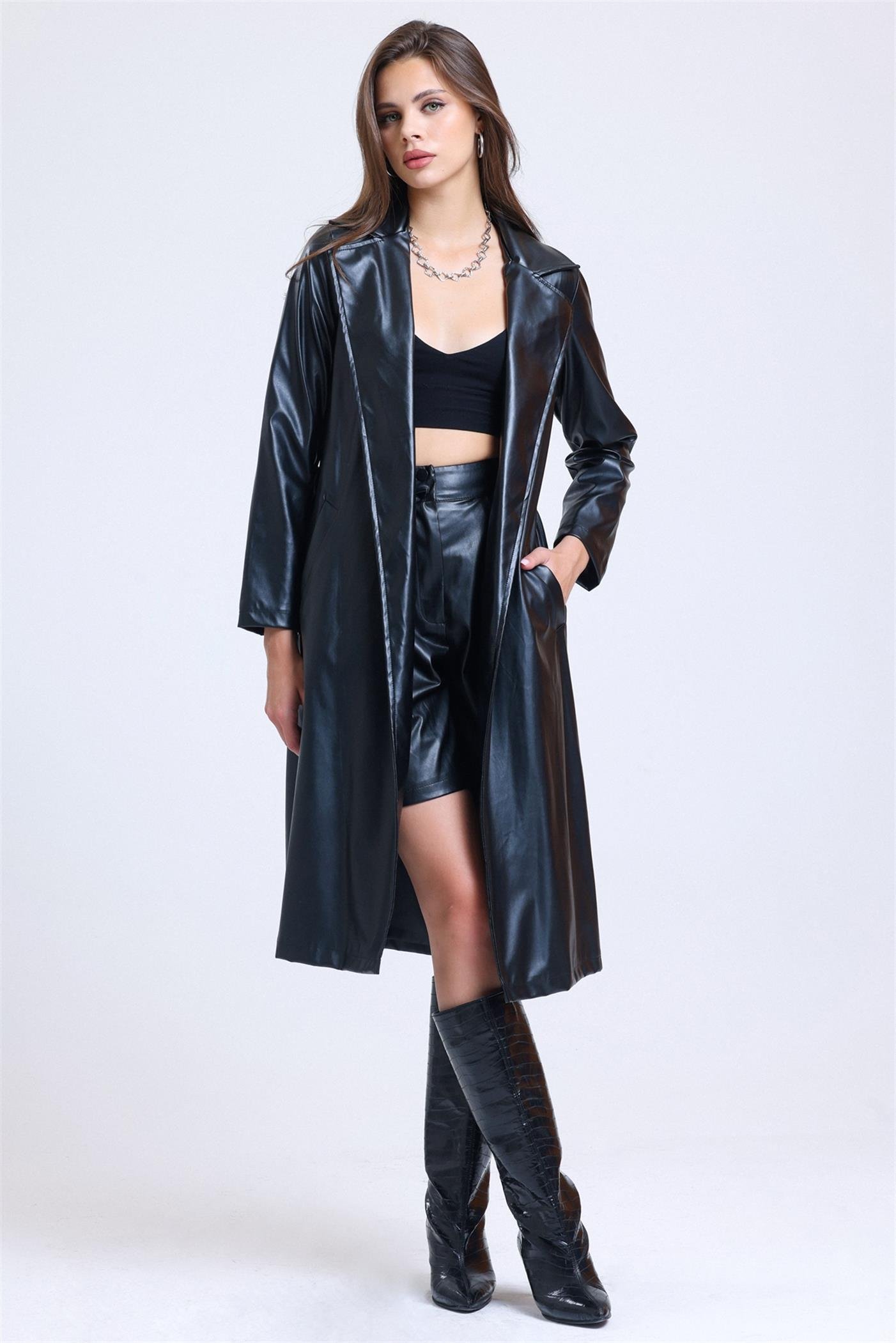 Kuşaklı Astarlı Kruvaze Yaka Deri Trençkot - Siyah