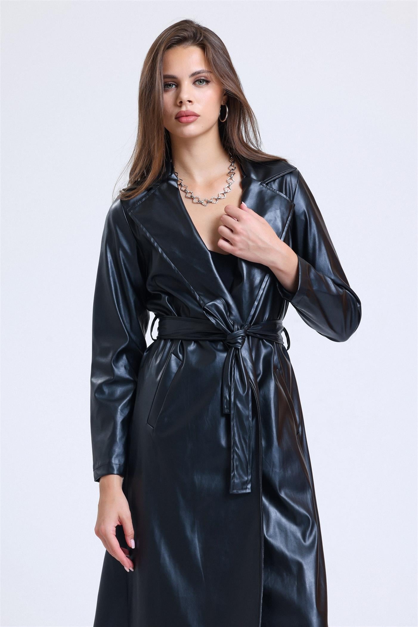 Kuşaklı Astarlı Kruvaze Yaka Deri Trençkot - Siyah