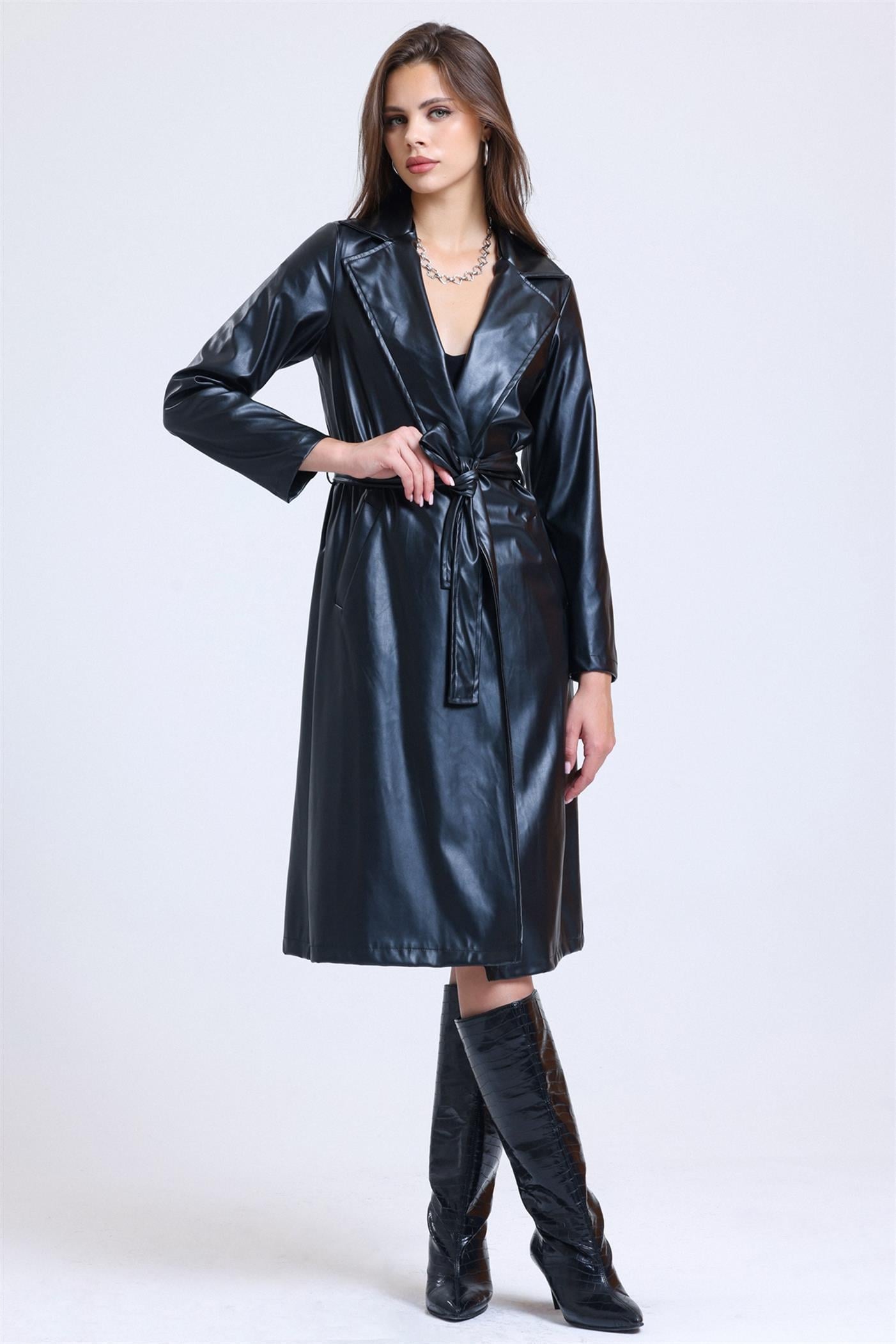 Kuşaklı Astarlı Kruvaze Yaka Deri Trençkot - Siyah
