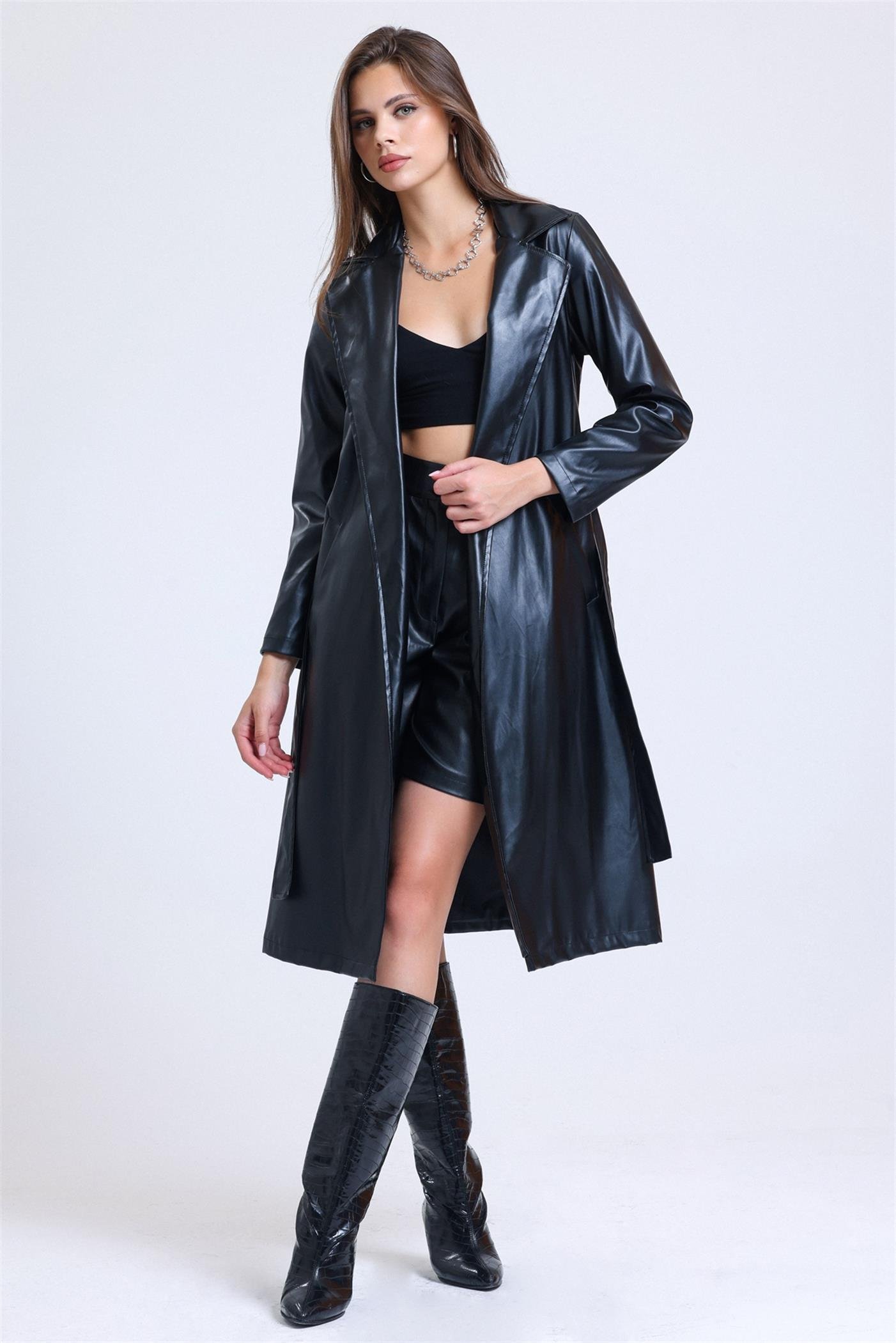 Kuşaklı Astarlı Kruvaze Yaka Deri Trençkot - Siyah