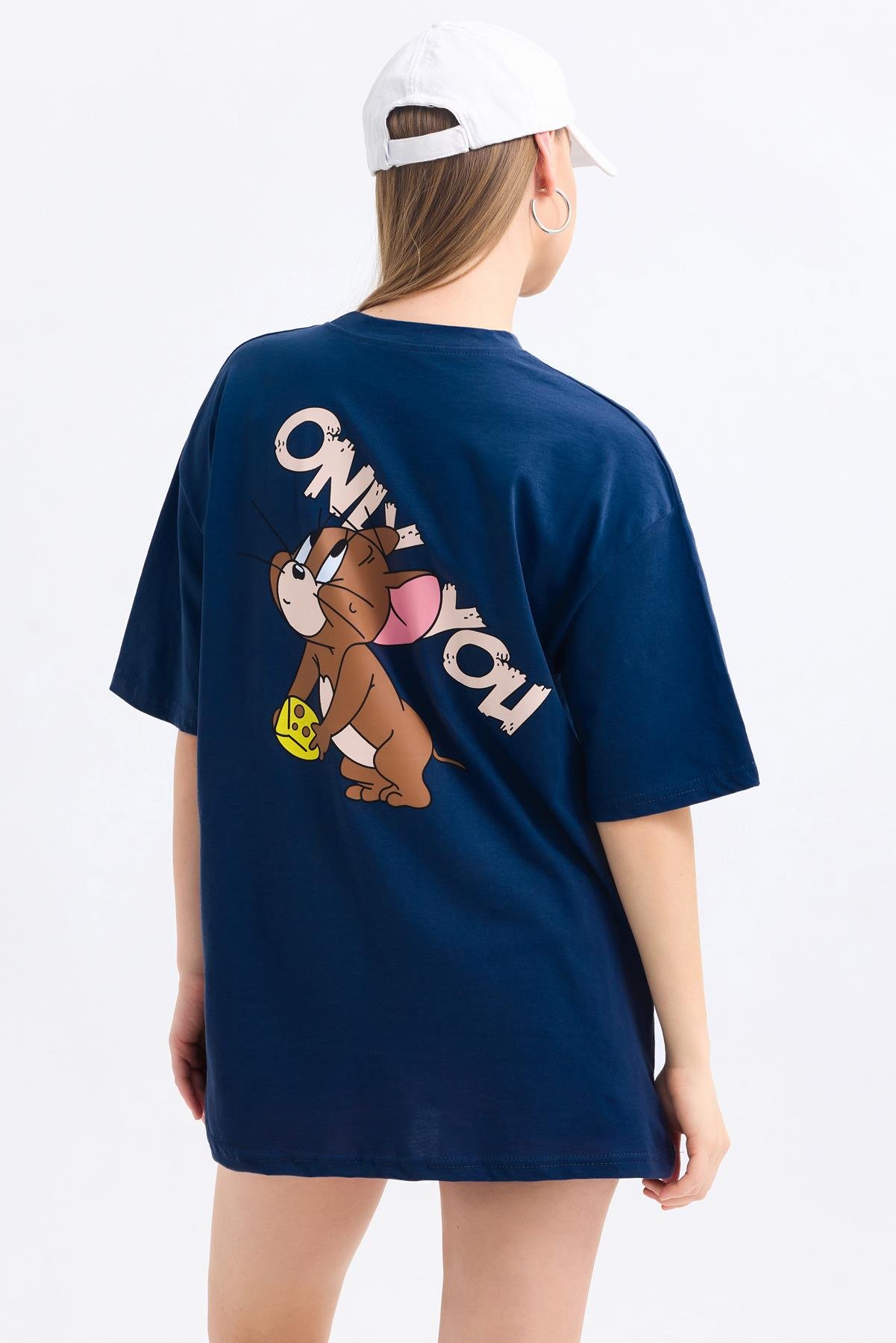 Ön Ve Sırt Jerry Baskılı Pamuklu Oversize Tişört - Lacivert