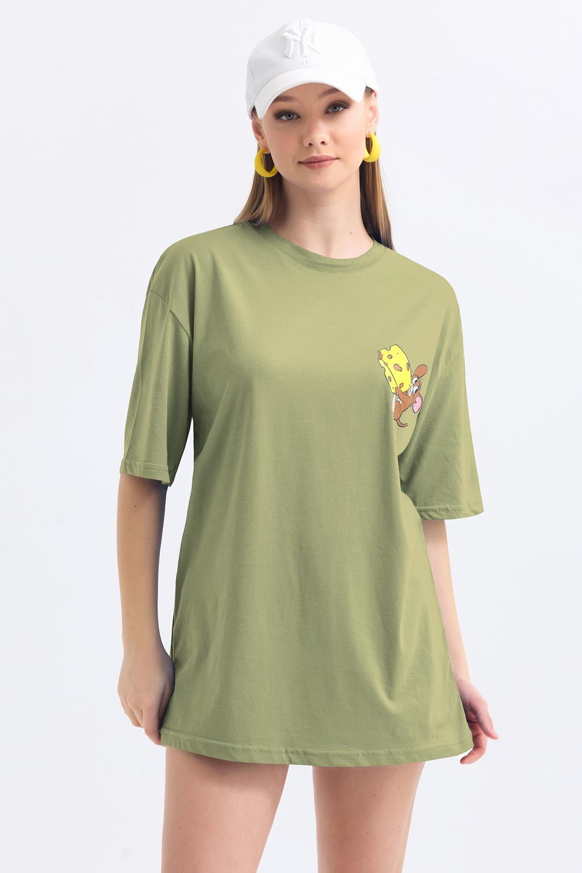 Ön Ve Sırt Jerry Baskılı Pamuklu Oversize Tişört - Olive