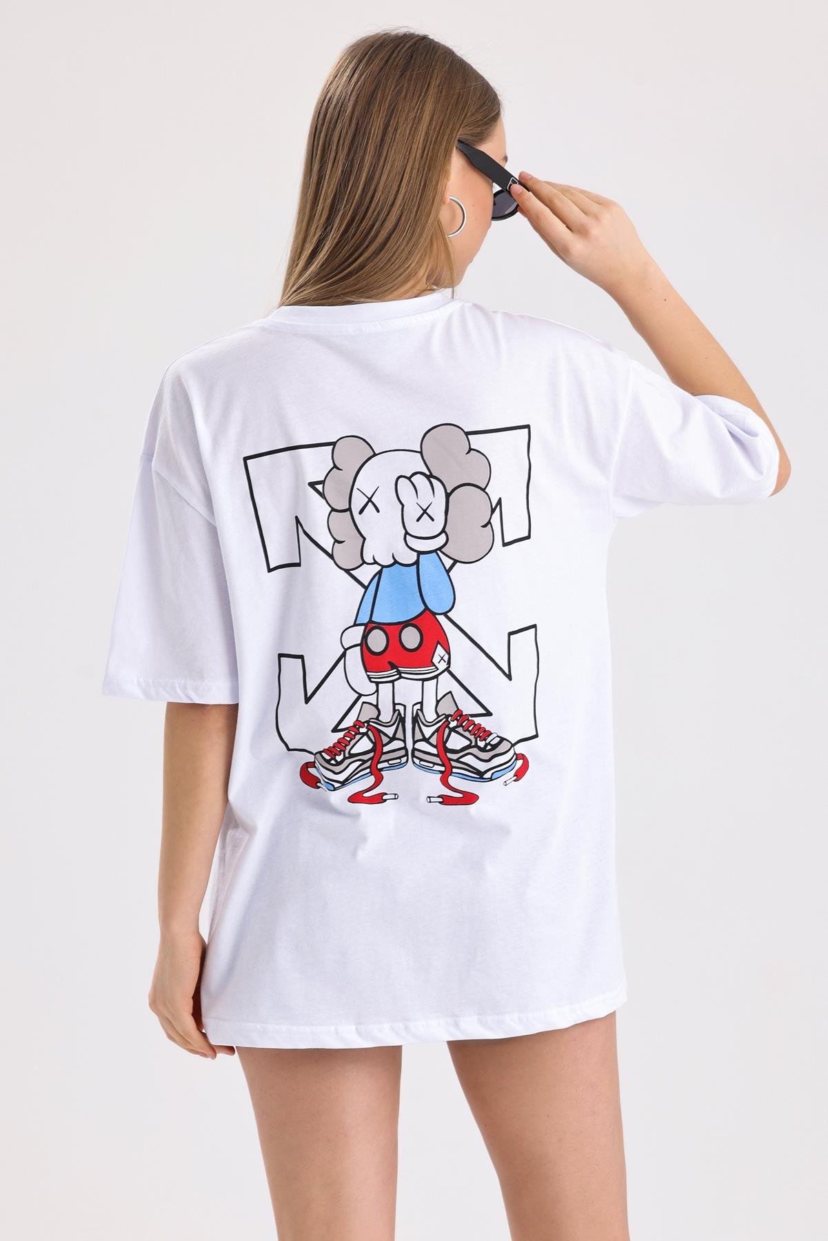 Ön Ve Sırt Off White Baskılı Pamuklu Oversize Tişört - Beyaz