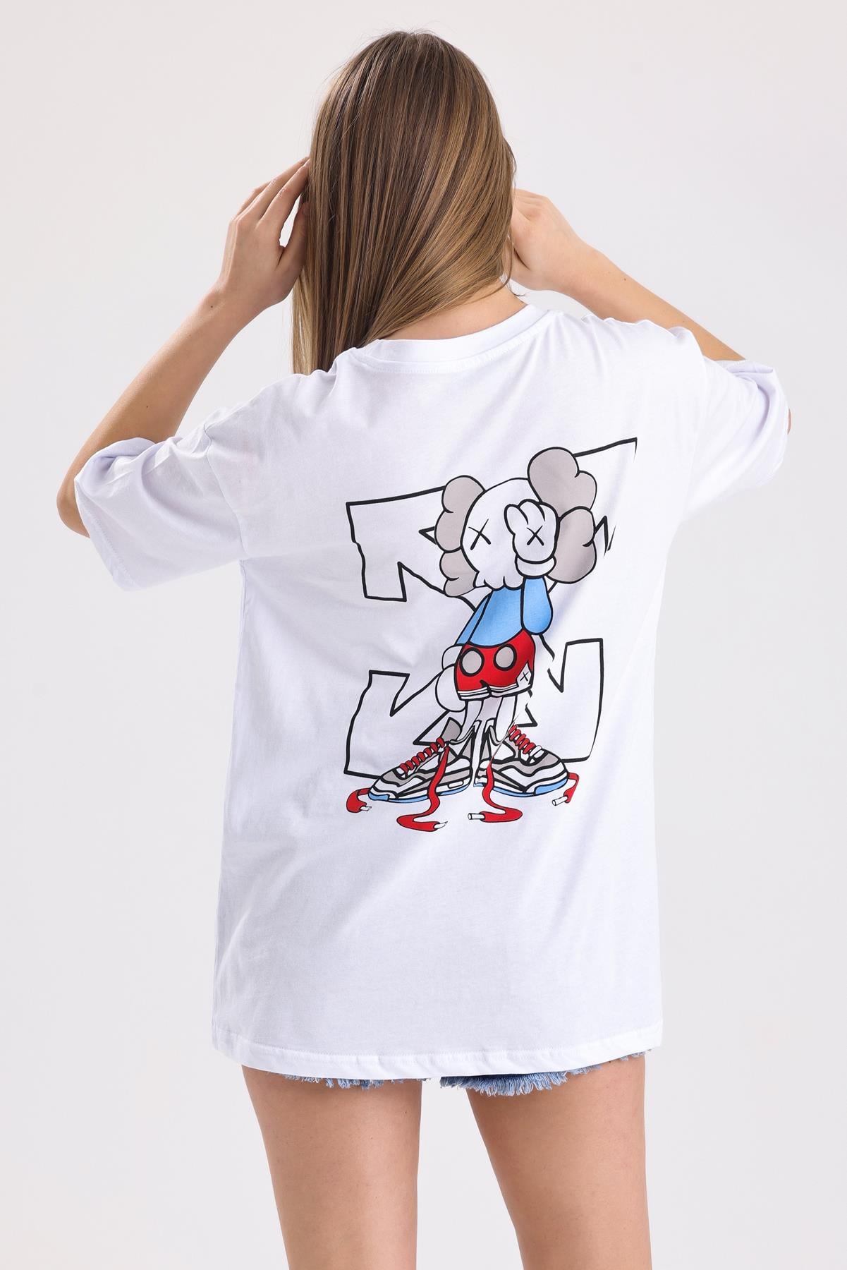 Ön Ve Sırt Off White Baskılı Pamuklu Oversize Tişört - Beyaz