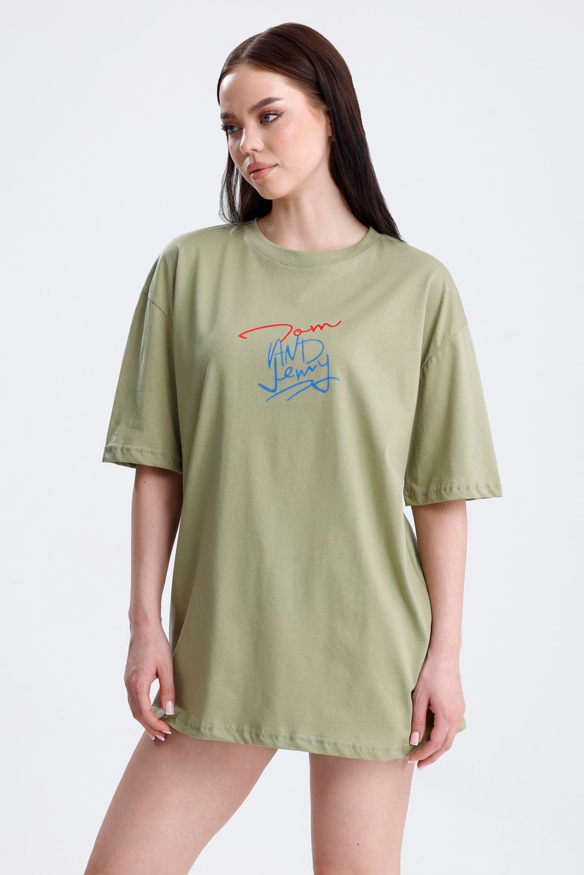 Ön Ve Sırt Tom Baskılı Pamuklu Oversize Tişört - Olive