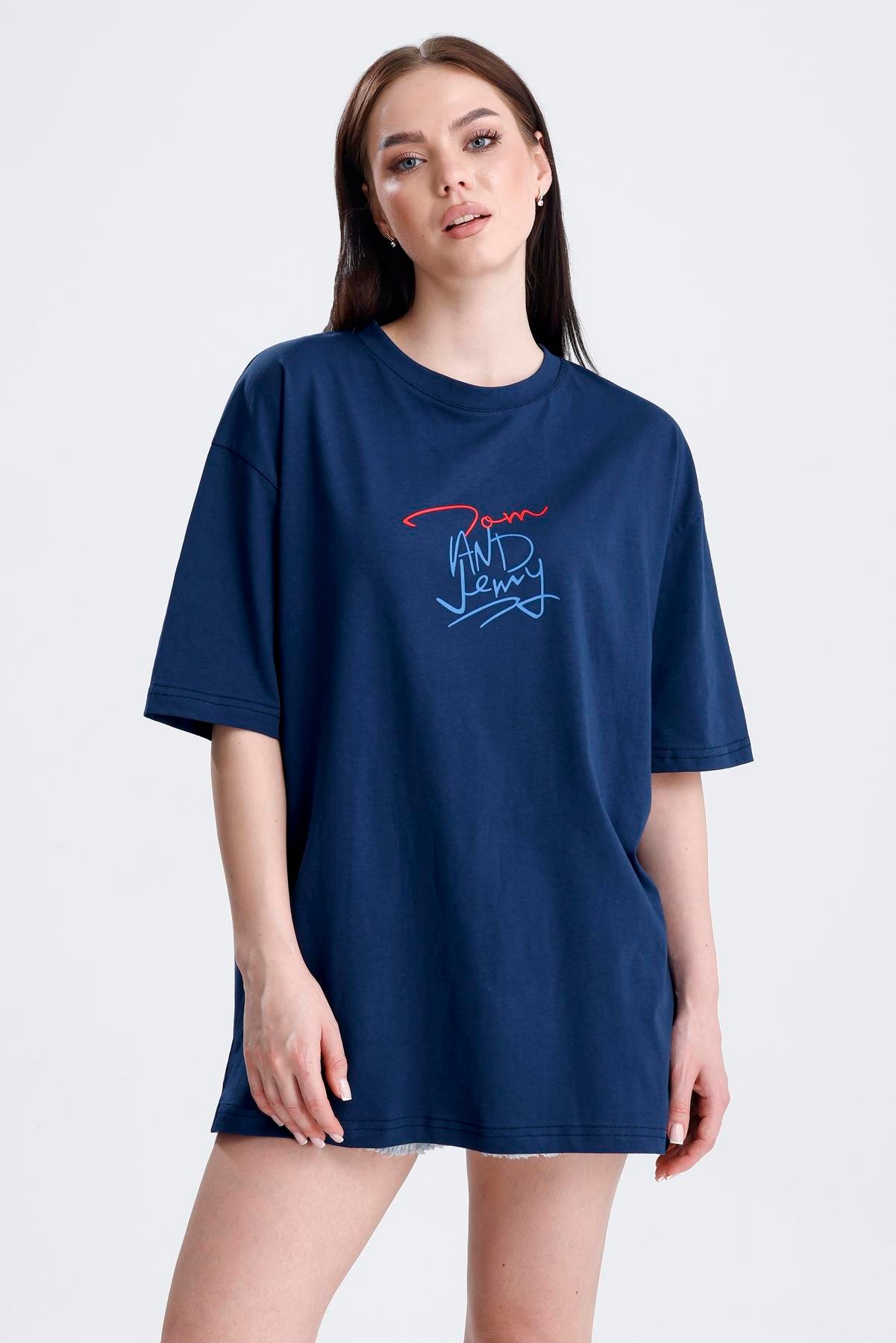 Ön Ve Sırt Tom Baskılı Pamuklu Oversize Tişört - Lacivert