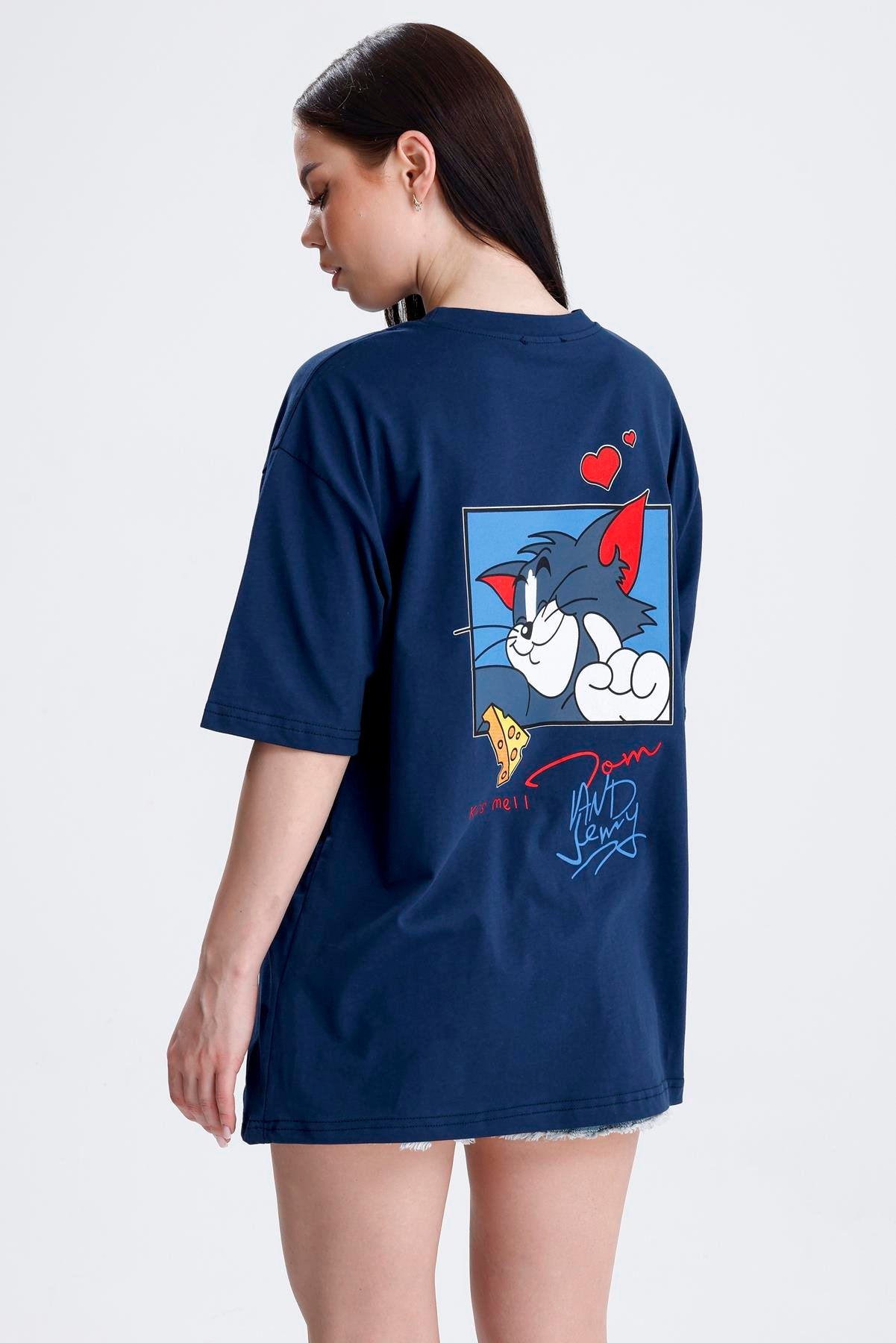 Ön Ve Sırt Tom Baskılı Pamuklu Oversize Tişört - Lacivert