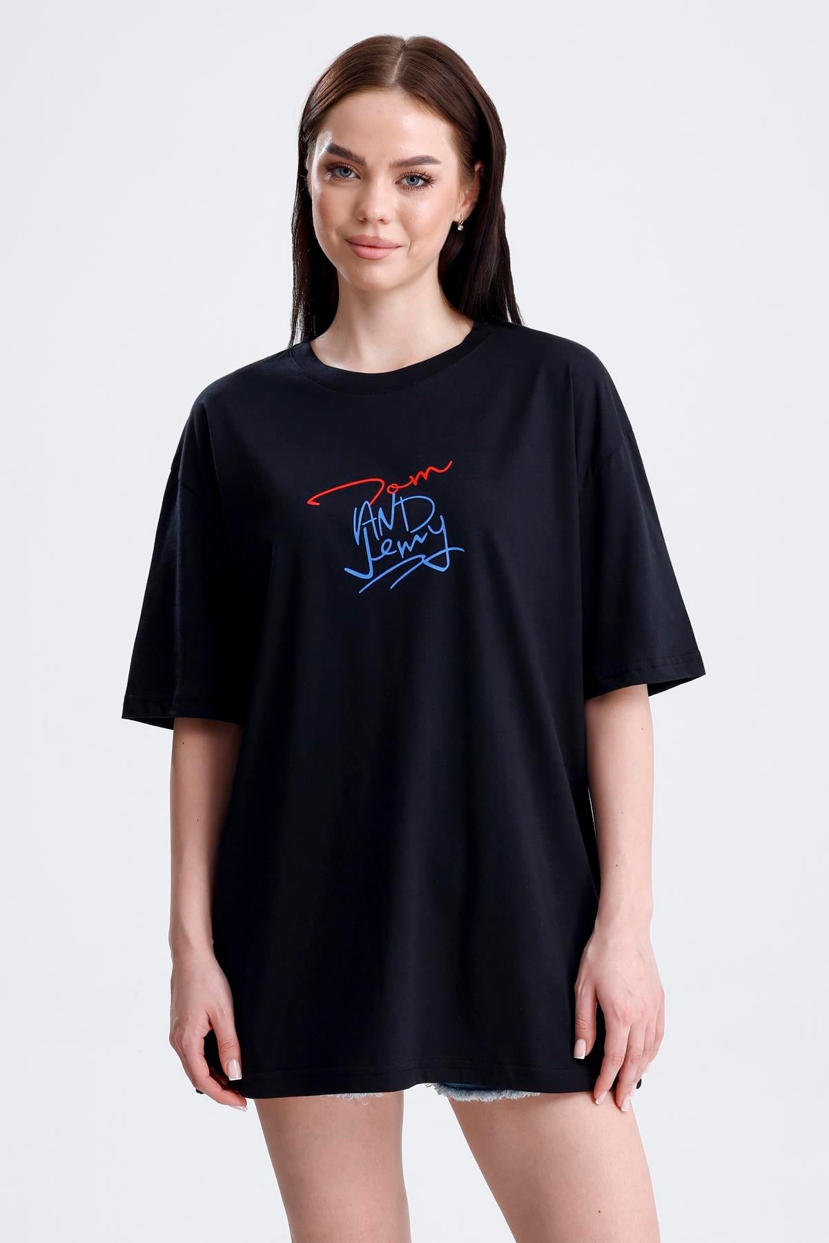 Ön Ve Sırt Tom Baskılı Pamuklu Oversize Tişört - Siyah