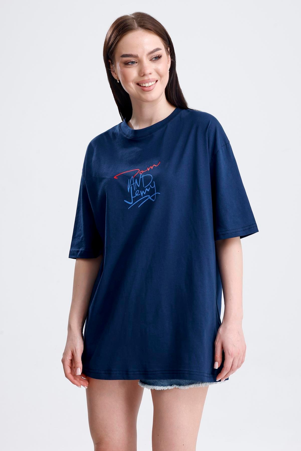 Ön Ve Sırt Tom Baskılı Pamuklu Oversize Tişört - Lacivert
