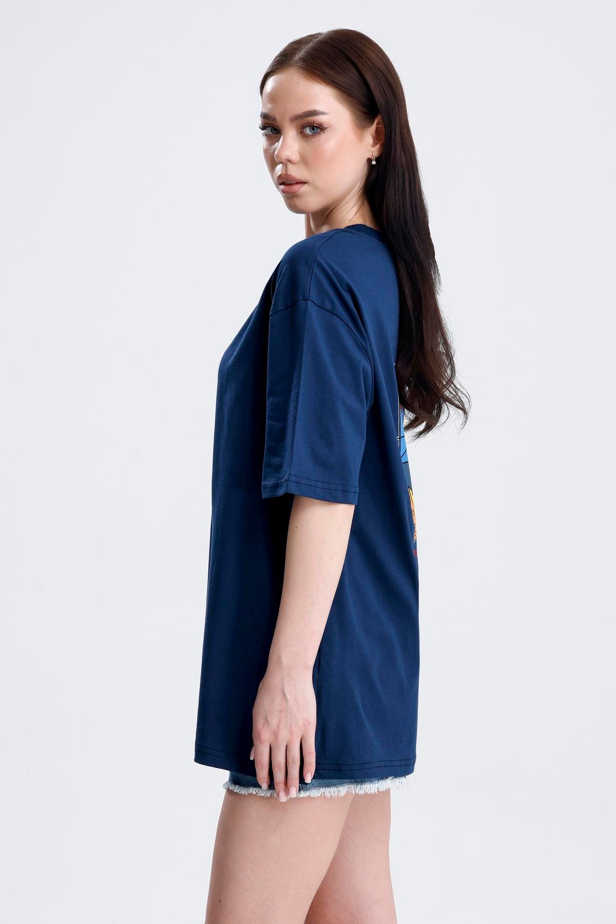 Ön Ve Sırt Tom Baskılı Pamuklu Oversize Tişört - Lacivert