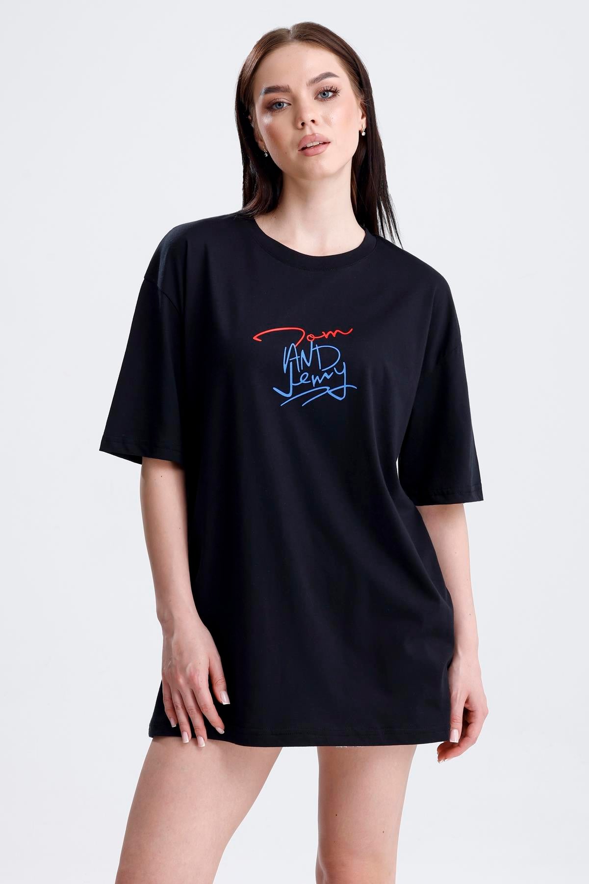 Ön Ve Sırt Tom Baskılı Pamuklu Oversize Tişört - Siyah