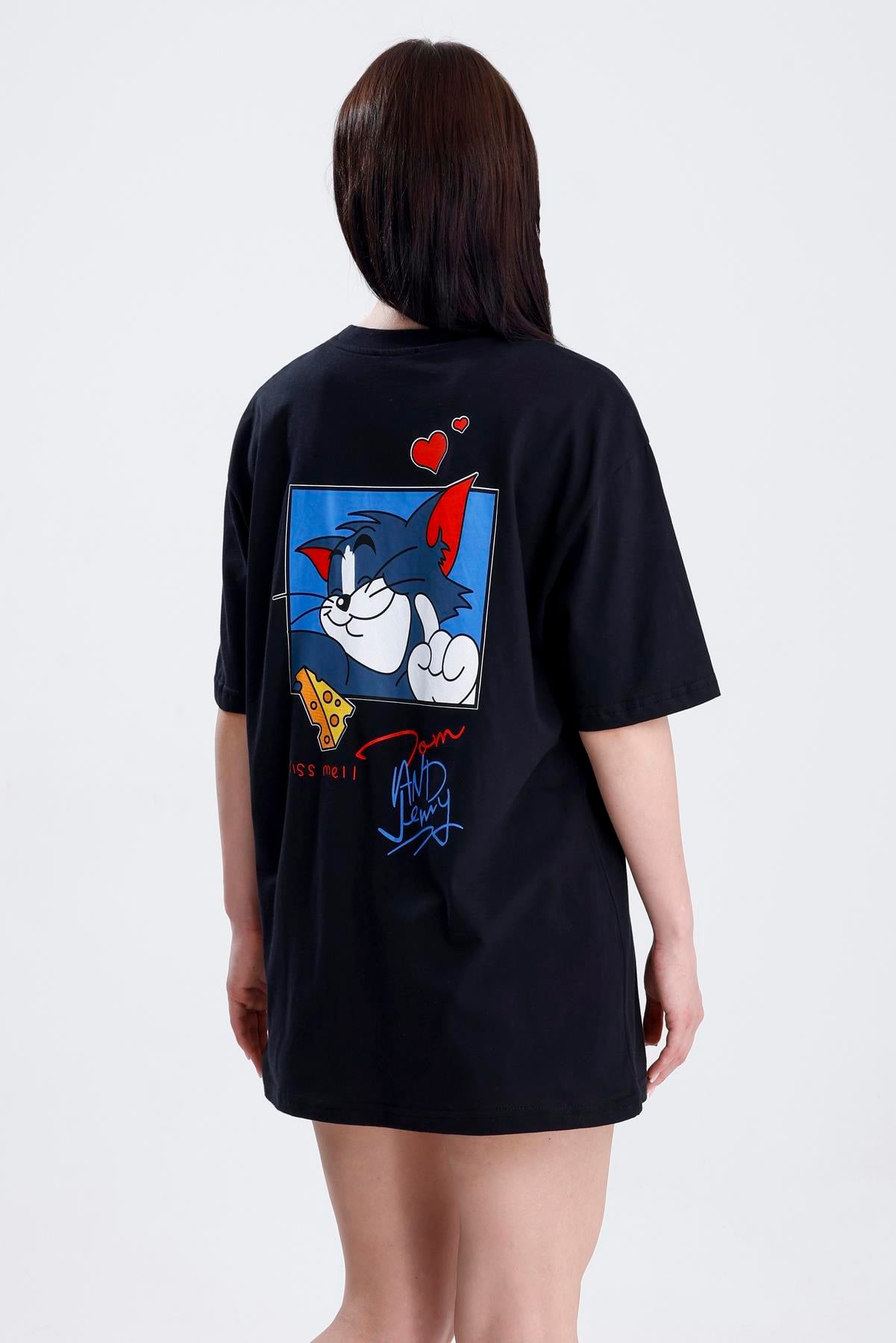 Ön Ve Sırt Tom Baskılı Pamuklu Oversize Tişört - Siyah