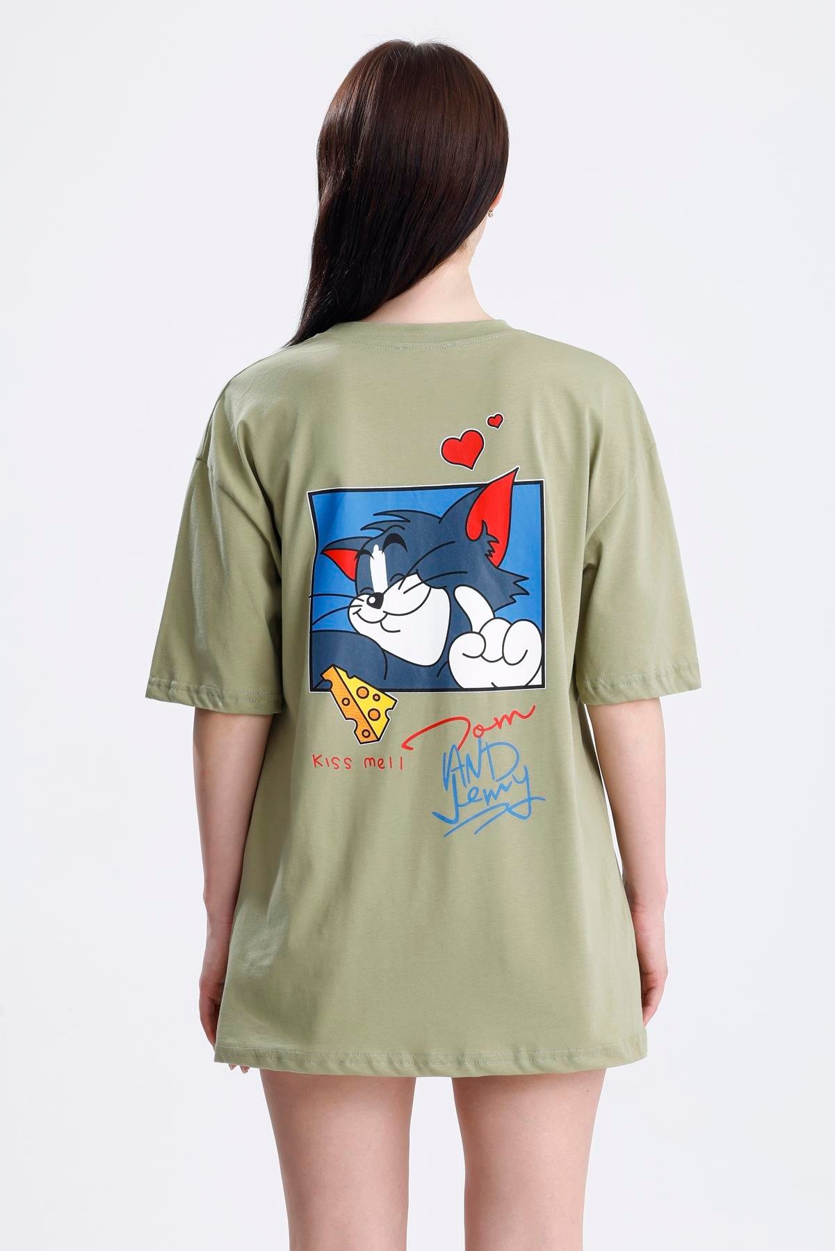 Ön Ve Sırt Tom Baskılı Pamuklu Oversize Tişört - Olive