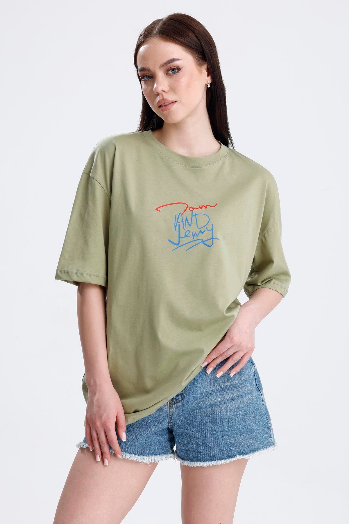 Ön Ve Sırt Tom Baskılı Pamuklu Oversize Tişört - Olive
