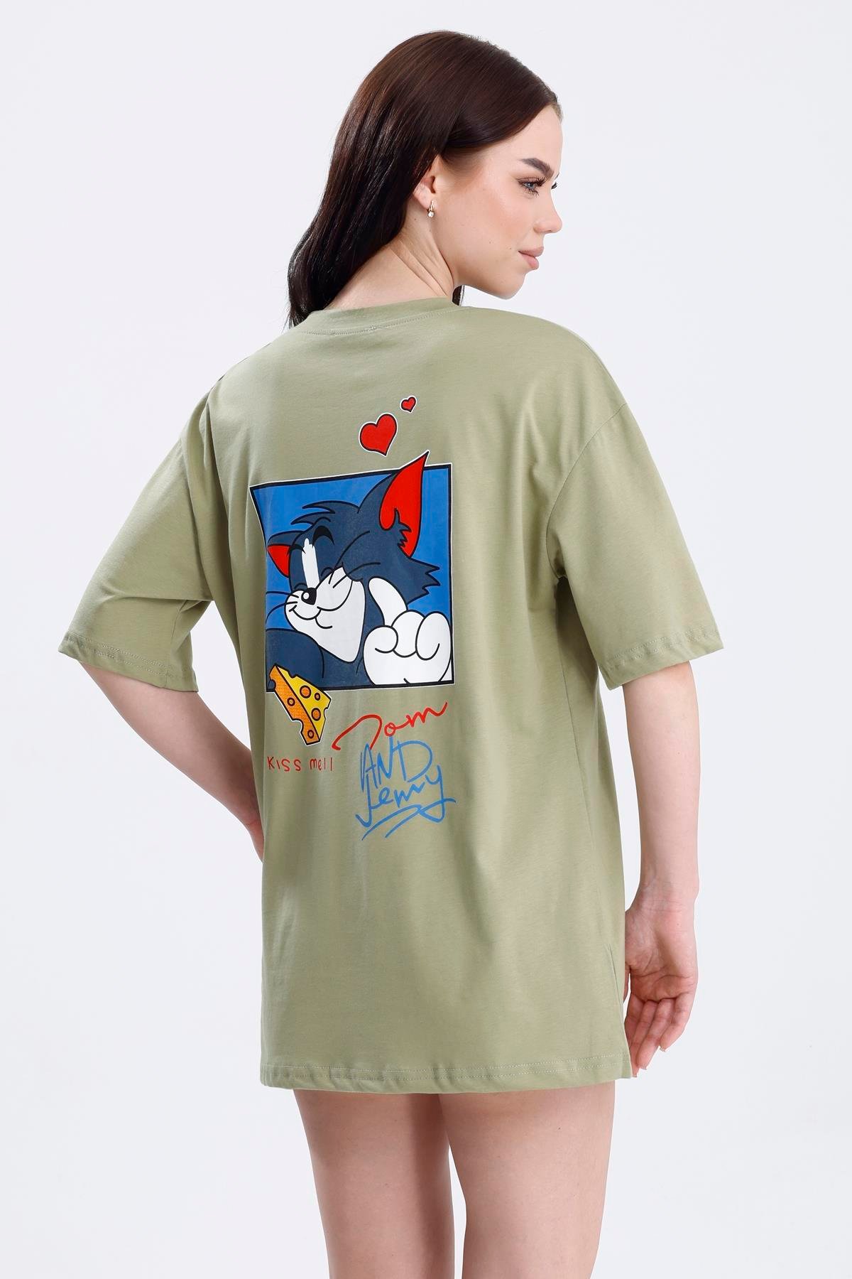 Ön Ve Sırt Tom Baskılı Pamuklu Oversize Tişört - Olive