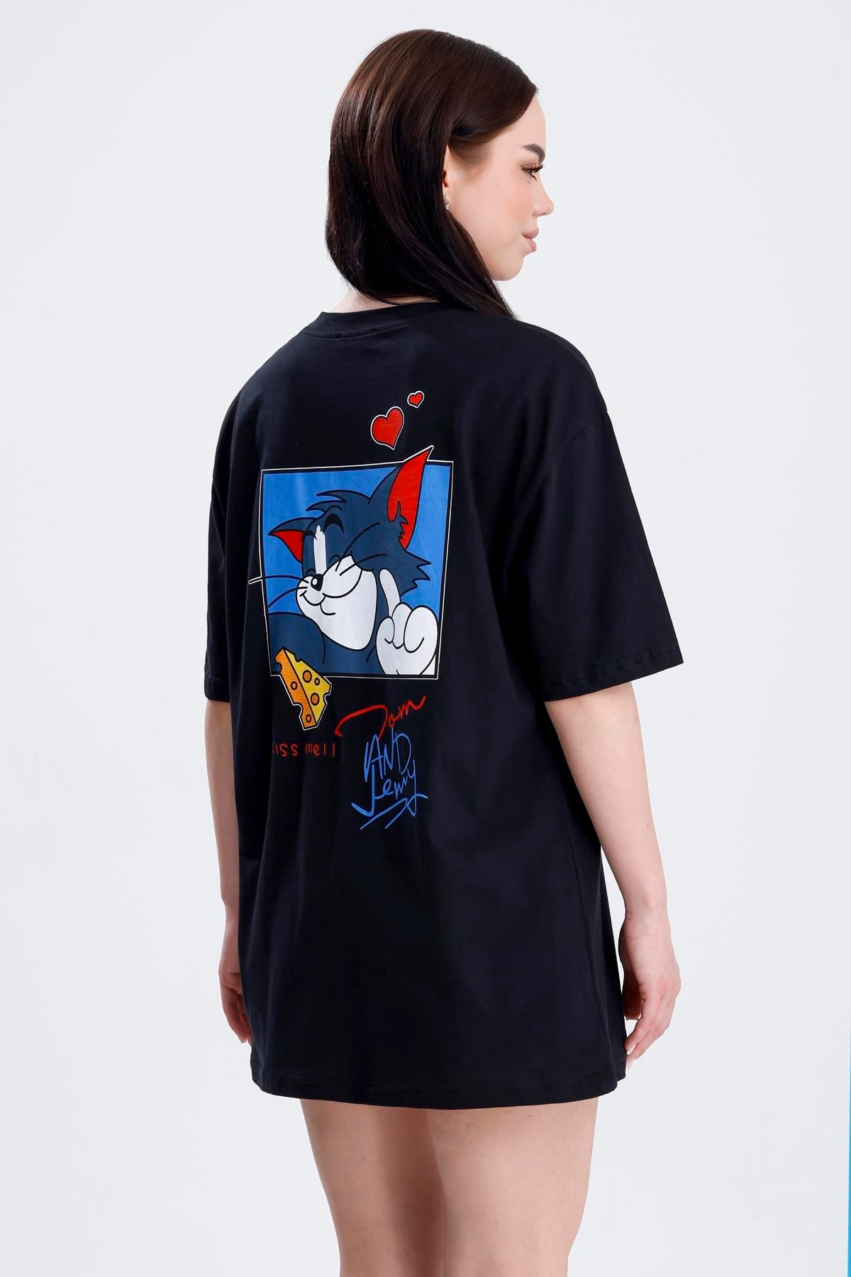 Ön Ve Sırt Tom Baskılı Pamuklu Oversize Tişört - Siyah