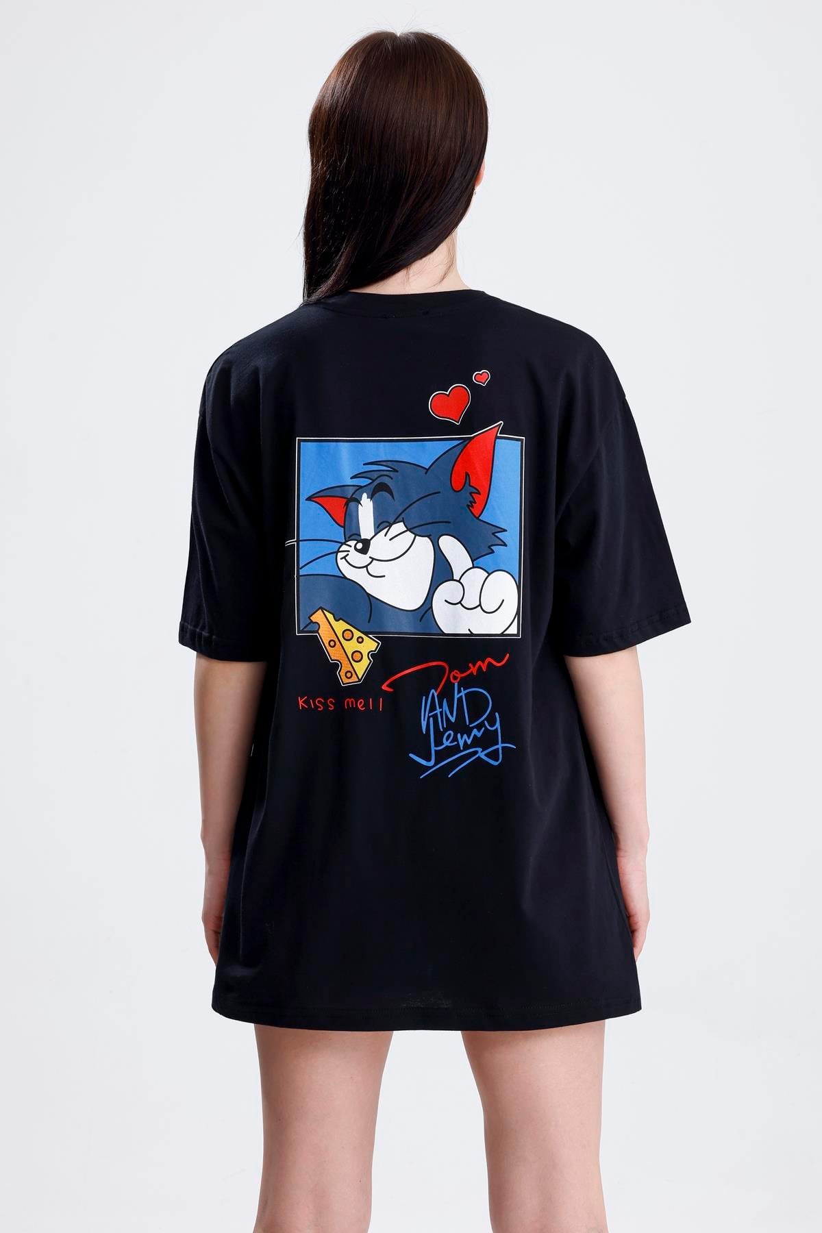 Ön Ve Sırt Tom Baskılı Pamuklu Oversize Tişört - Siyah