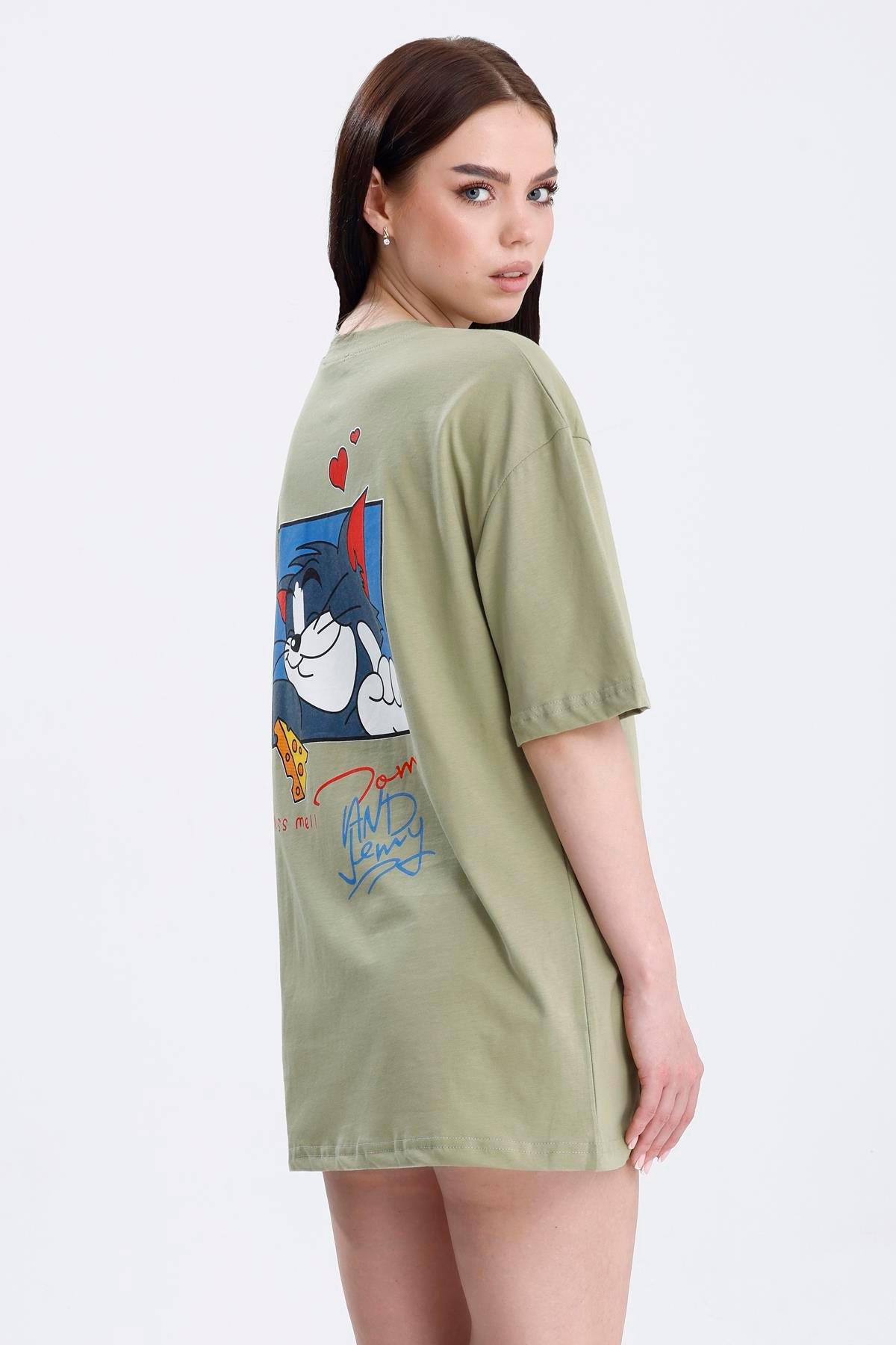 Ön Ve Sırt Tom Baskılı Pamuklu Oversize Tişört - Olive