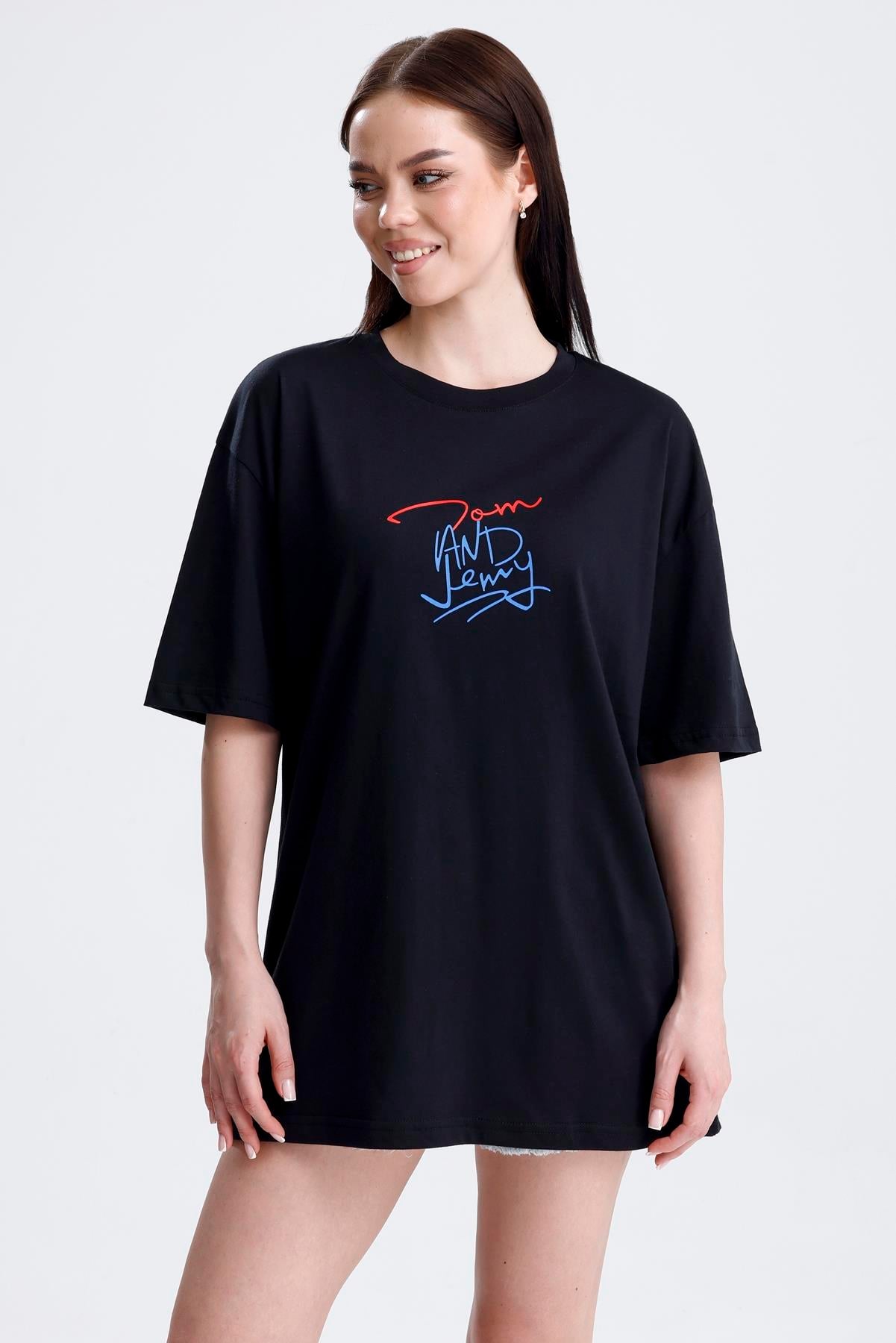 Ön Ve Sırt Tom Baskılı Pamuklu Oversize Tişört - Siyah