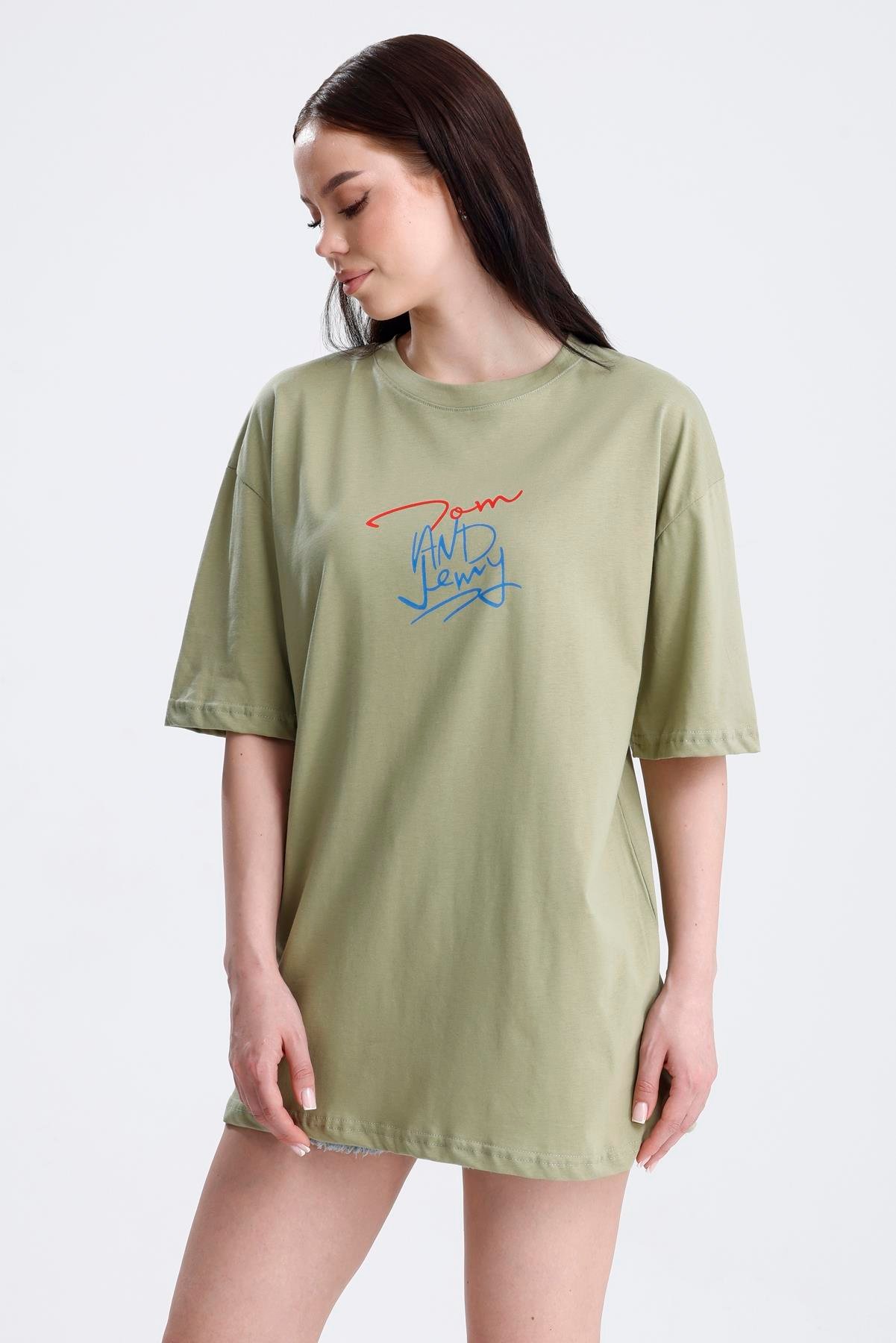 Ön Ve Sırt Tom Baskılı Pamuklu Oversize Tişört - Olive