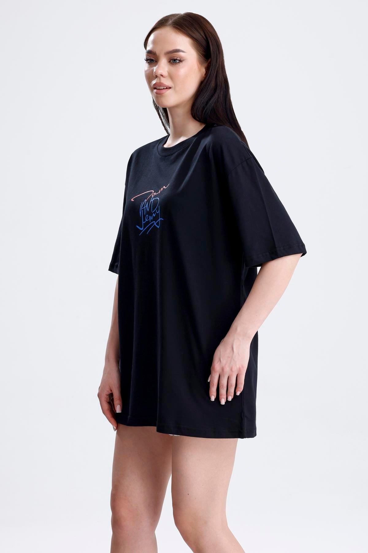 Ön Ve Sırt Tom Baskılı Pamuklu Oversize Tişört - Siyah